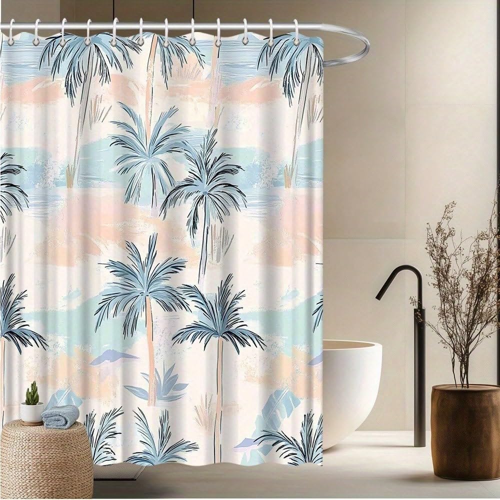 GLKSDLPO Palm Tree Print Shower Curtain - Tropical Trees Beach Scenery Watercolor Painting Style Stylish Home Curtain With 12 Hooks(130x183cm/51x72in(WxH))