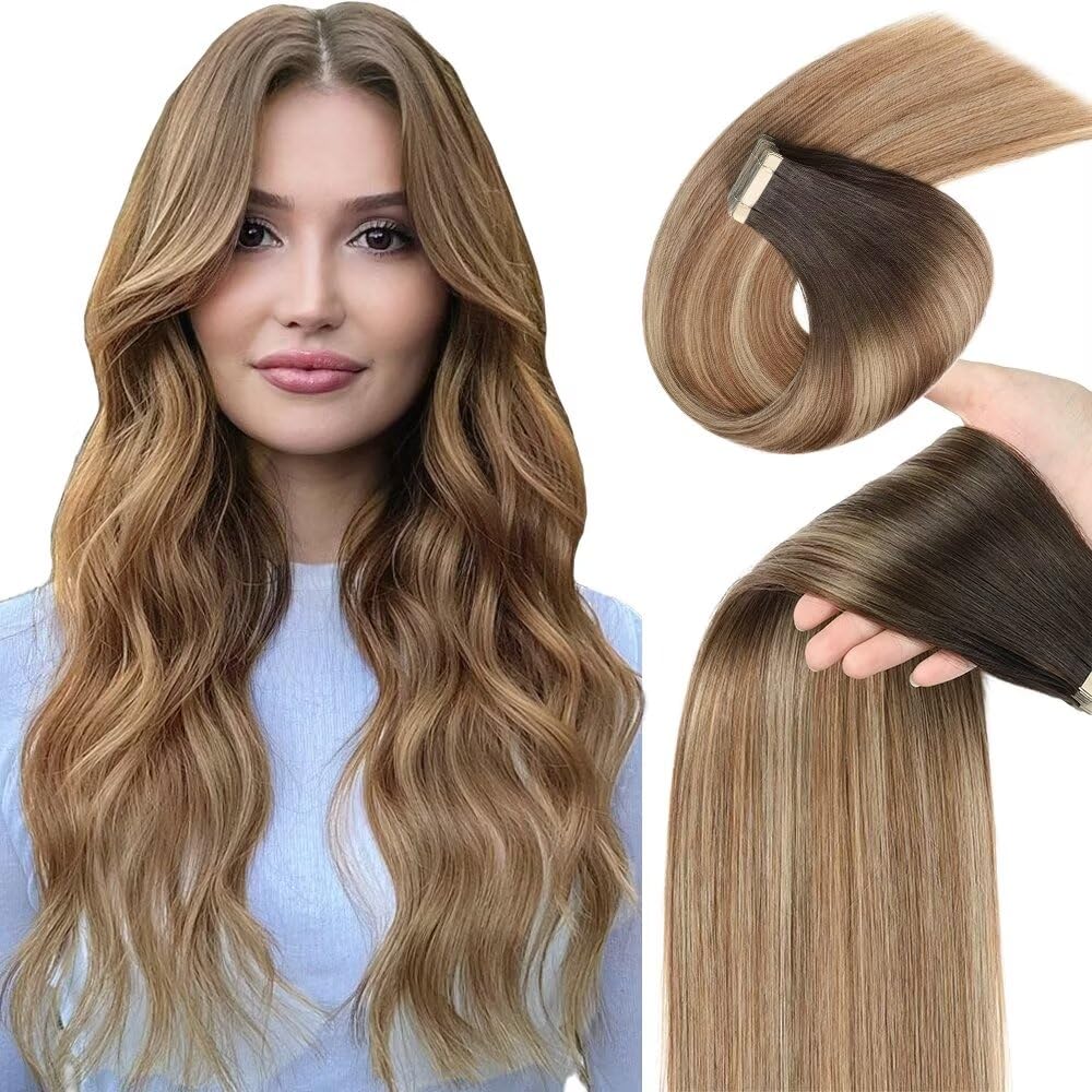 YDDM Extension Capelli Veri Biadesivo 20pcs 60cm 50g Castano con castano chiaro e biondo chiaro extension biadesive capelli veri Tape In Extension Adesive Capelli Veri(24inch,2/6/18K#)