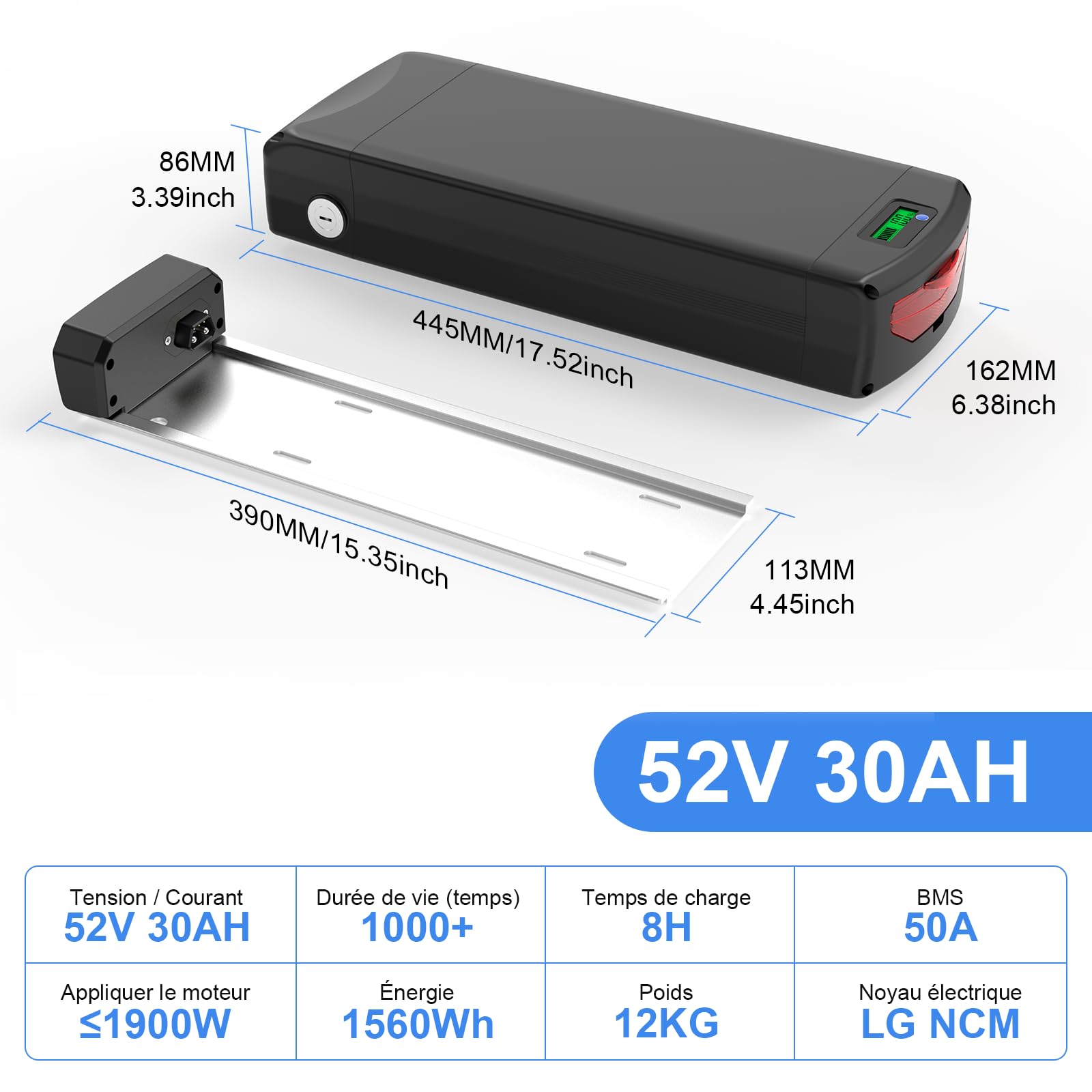 52V 30Ah Batterie Velo Electrique pour Porte-Bagages arrière avec BMS 50A, Chargeur Rapide 4A, Batterie 52V Lithium ION pour vélo électrique pour Roue de Conversion Bafang 0-1800W et Autres Moteurs