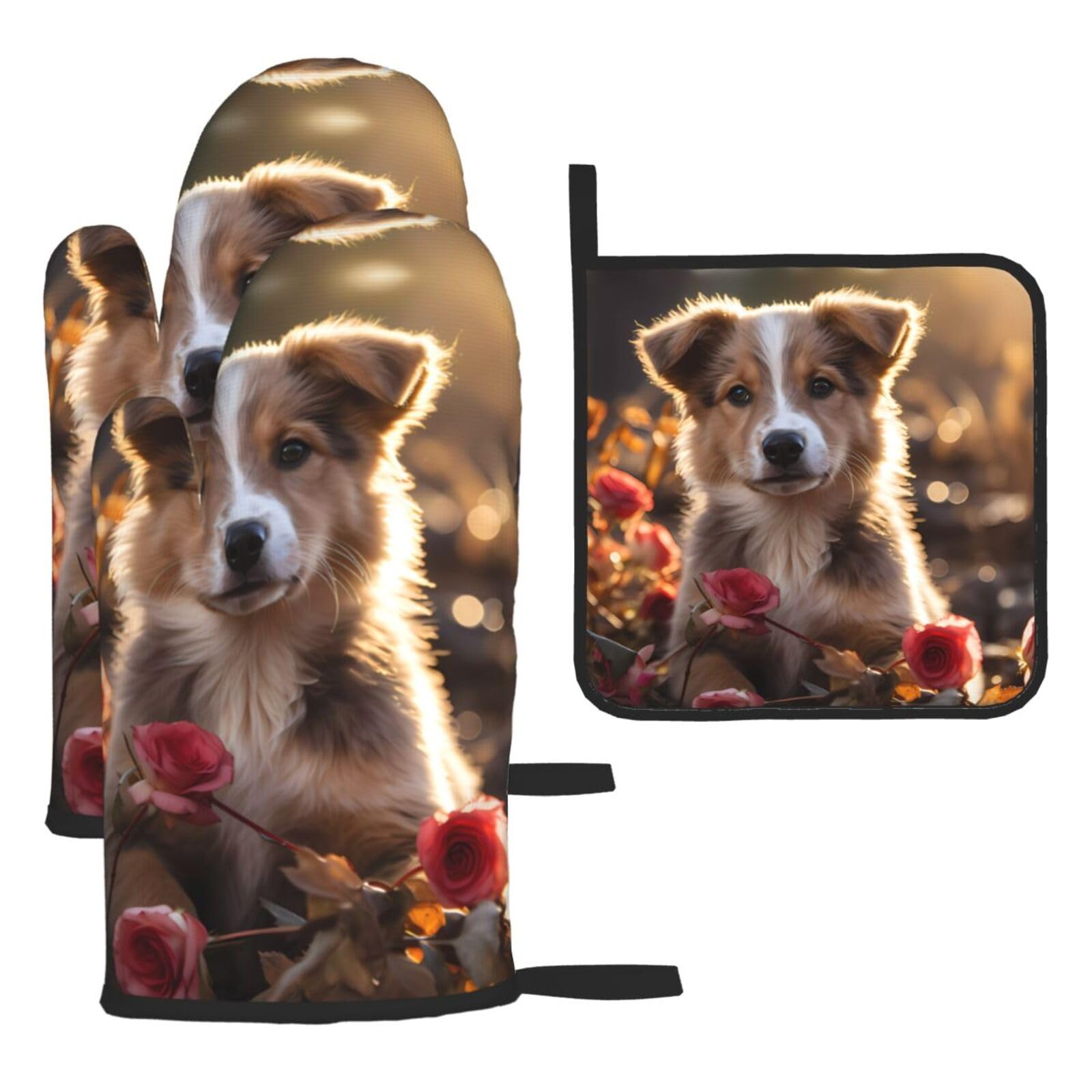 Dogs and Roses Oven mittens and oven mitts three-piece set suitable for oven, grilling, baking, microwave and home cooking.