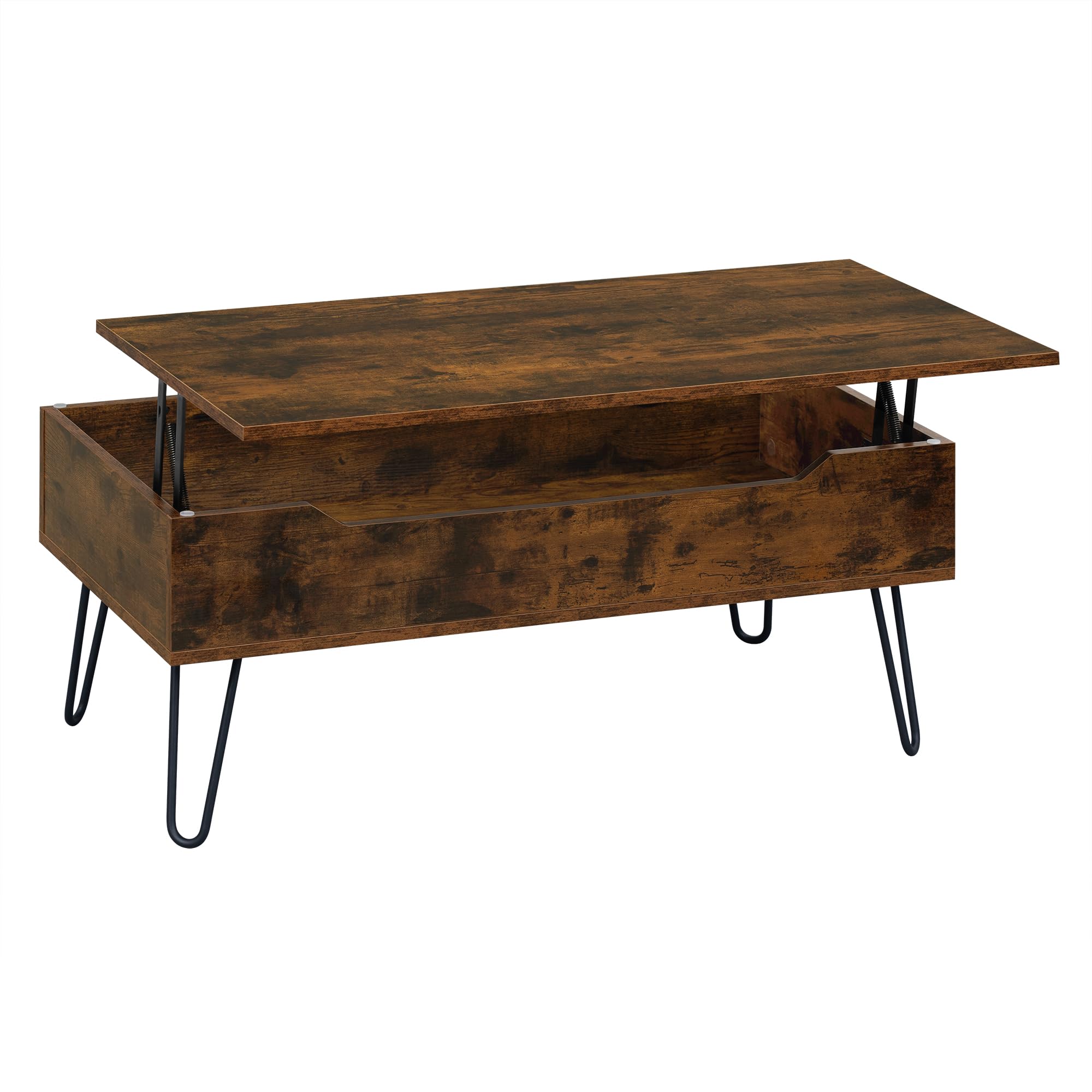 WOLTU Tavolino da Salotto, Tavolino da caffè Sollevabile, con Scomparto Nascosto, Stile Industriale, 95x50x(40-55,5) cm, Marrone Rustico + Nero