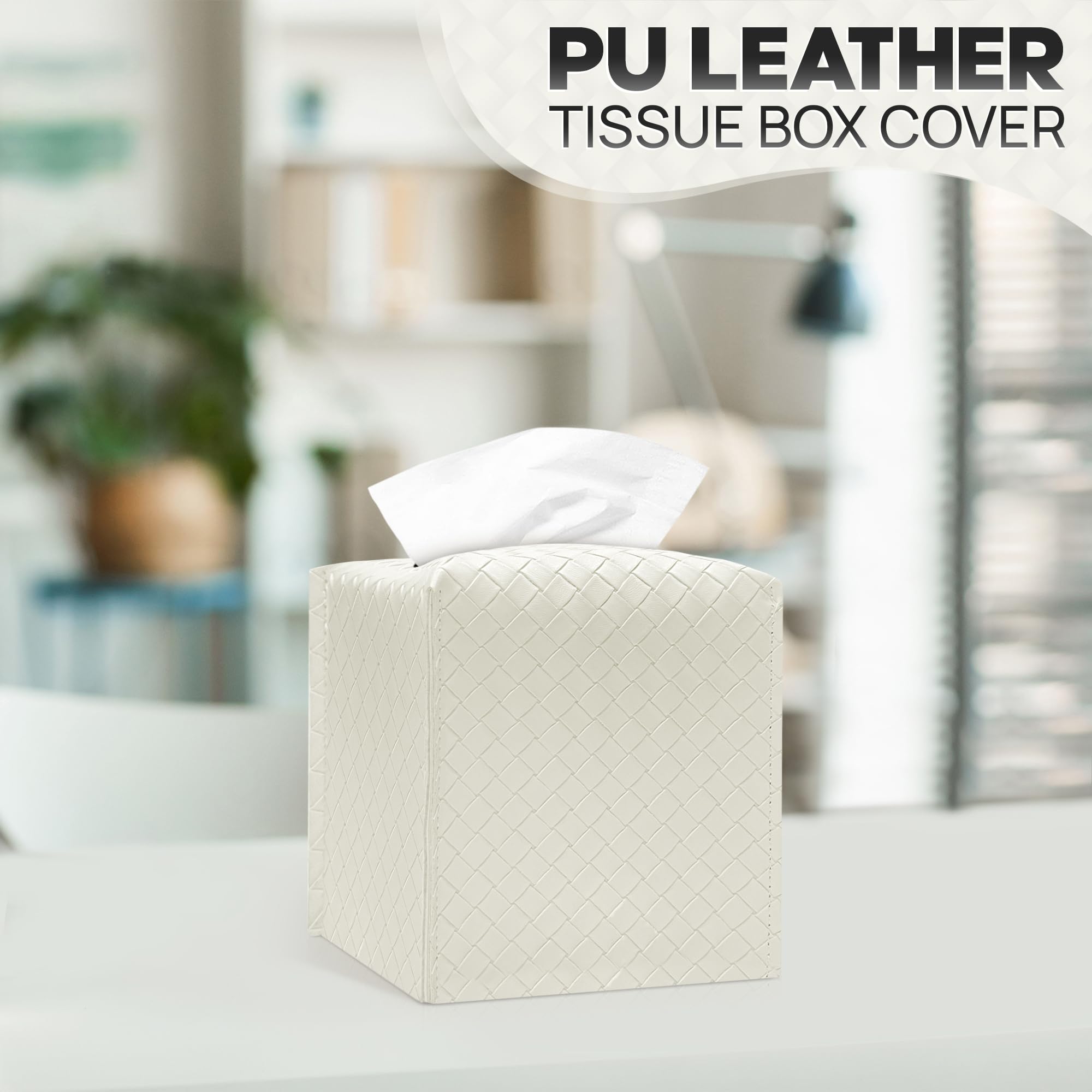 Condition photo showing New/Like New for Tissue Box Cover Holder, PU Leather Tissue Box Cover with Braided Pattern, Square Tissue Holder with Bottom Belt, Modern Organizer for Bathroom, Car, Office, Tabletop (White., 12 Braided Patterns)