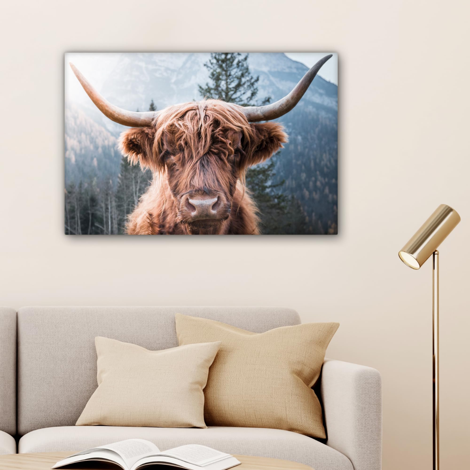 MuchoWow Leinwand Bilder, Einzigartige Wanddeko mit Rahmen, Schottischer Highlander - Berge - Porträt, Wandbilder Wohnzimmer, Deko Schlafzimmer 150x100 cm