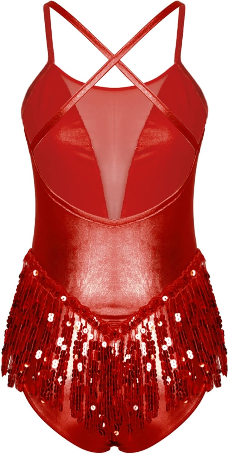 Freebily Sequin Fringe Bodysuit for Women Sparkly Leotard Tassel Latin Jazz Dance Costume Gloves Festival Rave Outfits