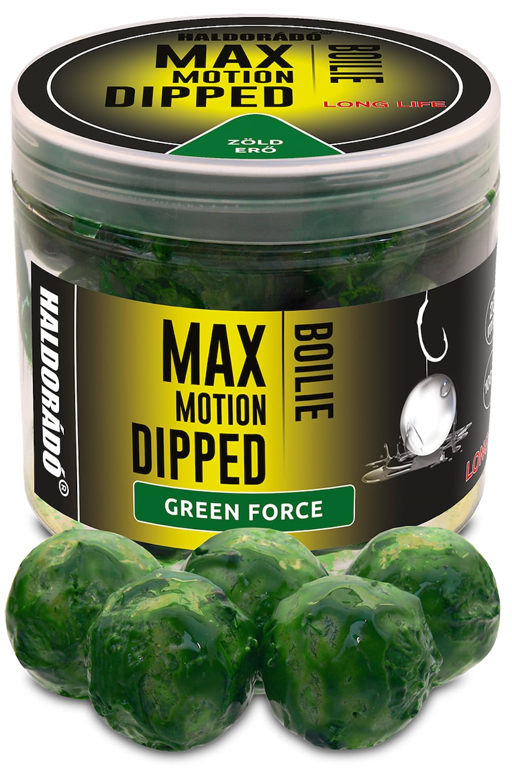 Haldorado MAX MOTION Dipped Boilies, Green Force, 20mm, High-Attract Long Life Hookbaits for Carp Fishing, Pre-Soaked in Aromatic Liquid Dip