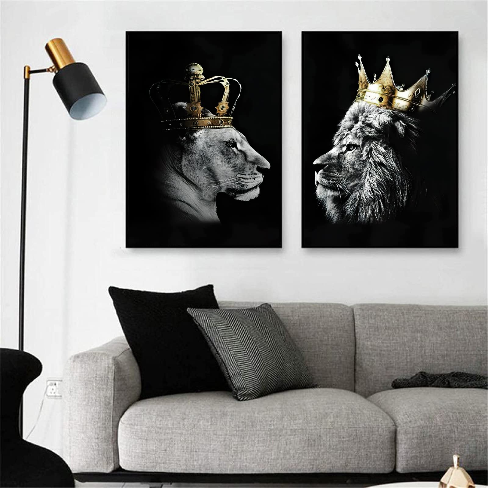IUNTWEIE León y leona con corona, imágenes de lienzo en blanco y negro, póster de animales, decoración de arte animal salvaje, impresiones para sala de estar, sin marco (león -1, 2x50x70)