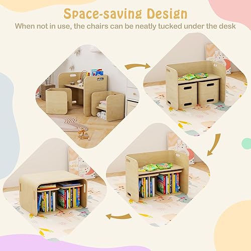 Miniatura 9 de Costzon Juego de mesa y silla para niños mesa de actividades de madera 4 en 1 banco estantes de almacenamiento escritorio para lectura arte Natural