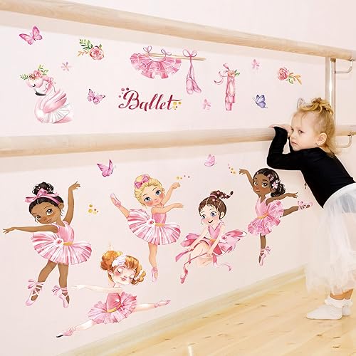 Miniatura 4 de wondever Calcomanías de pared de ballet para niña, bailarina, rosa, bailarina, calcomanías de arte de pared para dormitorio de niñas, bebé,
