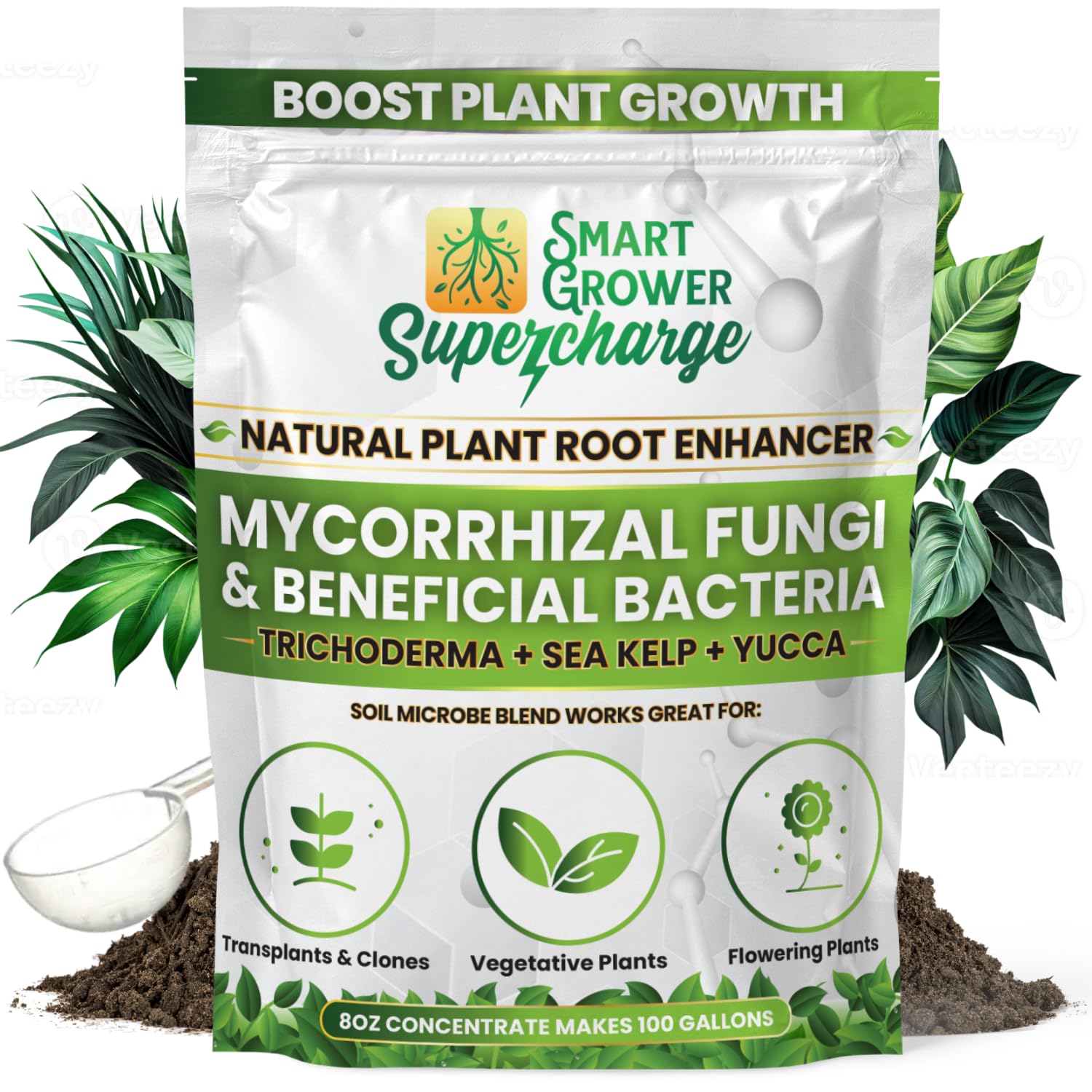 Mycorrhizal Fungi with Beneficial Bacteria, Trichoderma, Sea Kelp, Molasses, Yucca, Smart Grower Supercharge Plant Root Enhancer 8oz Super Concentrate Powder Makes 100 Gallons