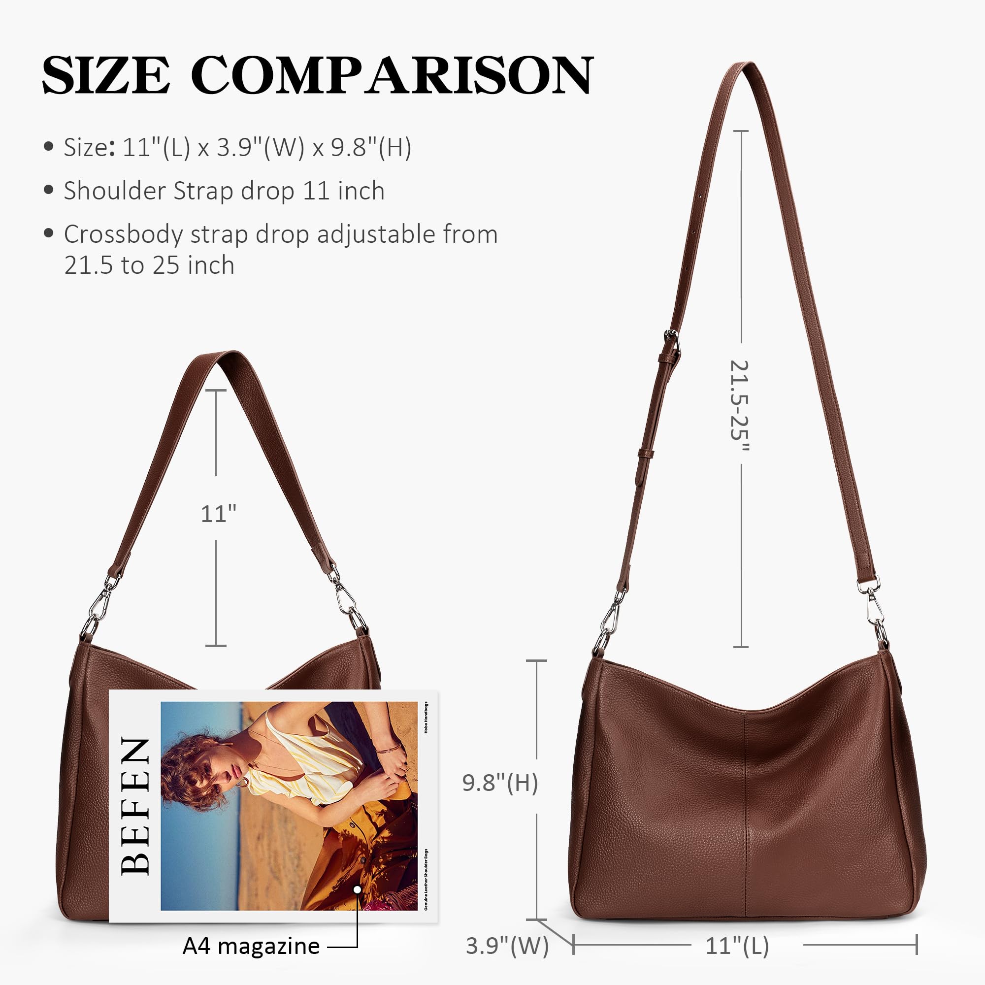 befen Torebki hobo z prawdziwej skóry dla kobiet, damska torba na ramię, torebka crossbody z 2 paskami na ramię