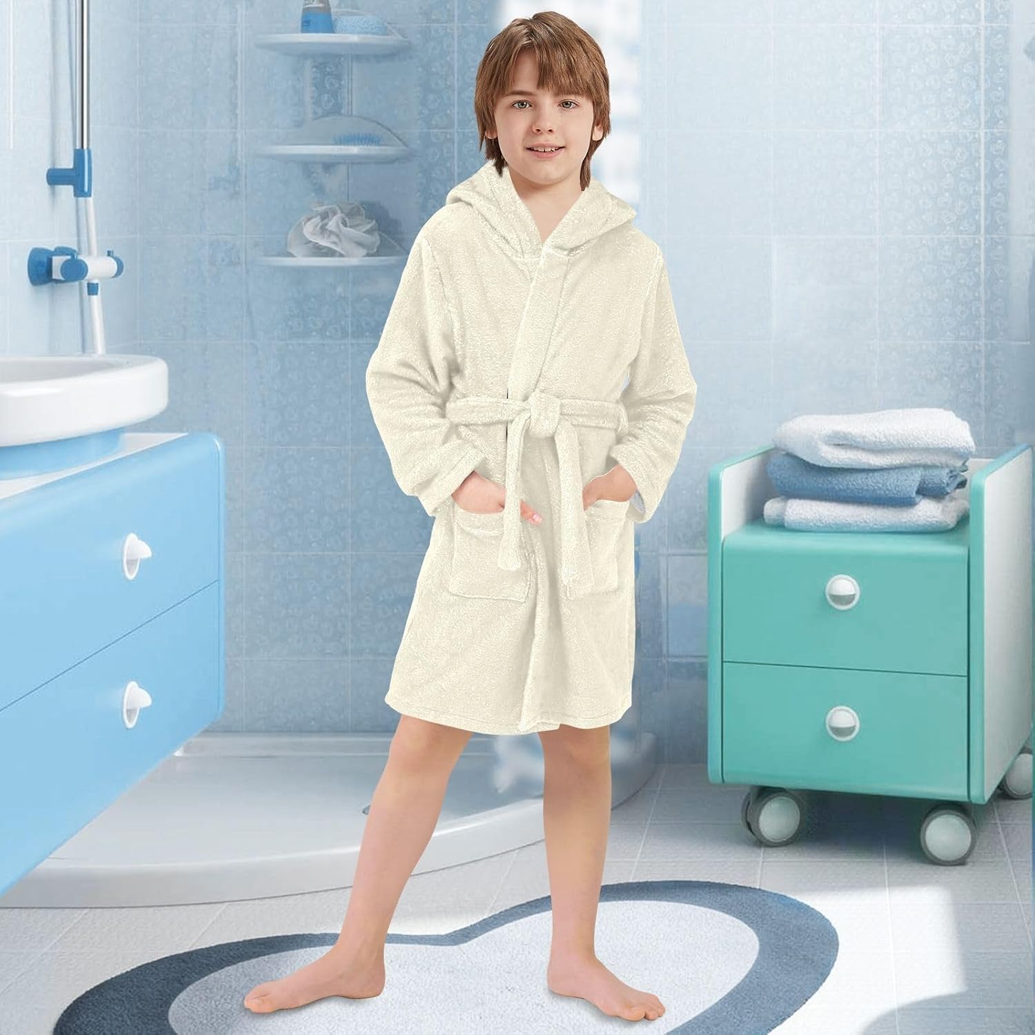 ODAWA Cornsilk Kids Bathrobe, Soft Plush Hooded Robe for Boys Girls, Quick Dry Bath Towel Wrap with Pockets