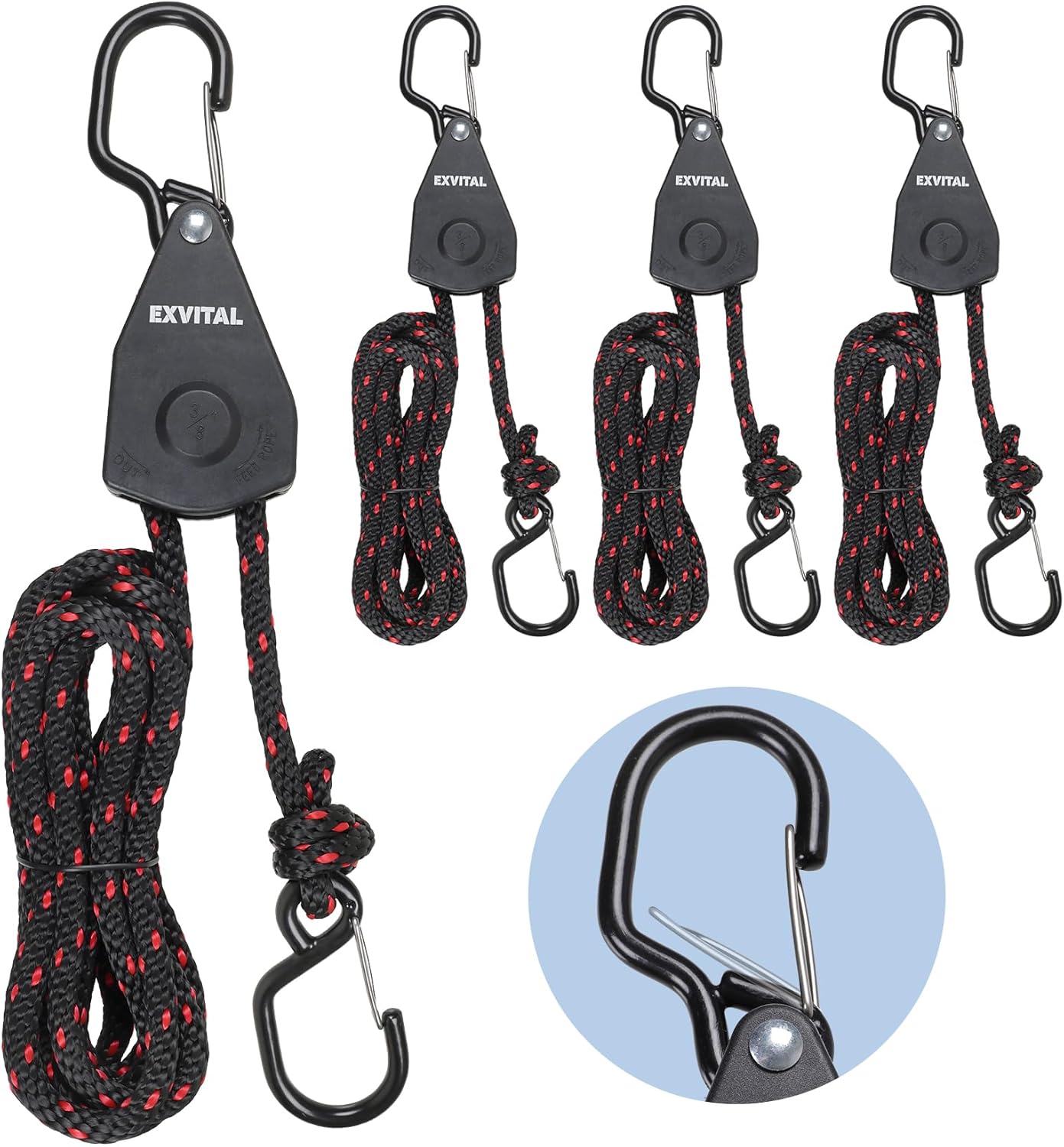 4PCS Kayak Rope Tie Down Ratchet Straps 3/8" ×12' Bow and Stern Tie Down Kayak with Safety S Hook Heavy Duty Ratchet Rope Kayak and Canoe Accessories Black