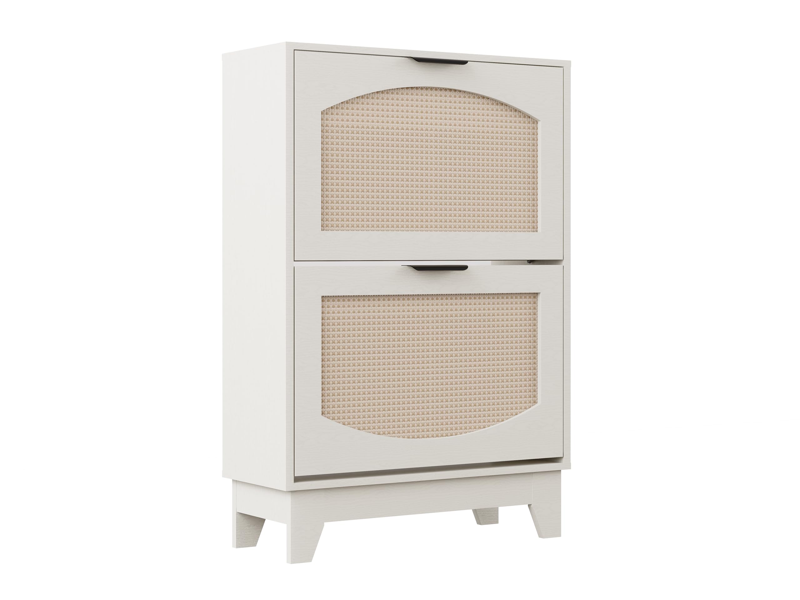 Masentimu 2-Tier Cream White Rattan Flip-Drawer Shoe Cabinet – Freestanding Narrow Organizer with Hidden Handles for Entryway