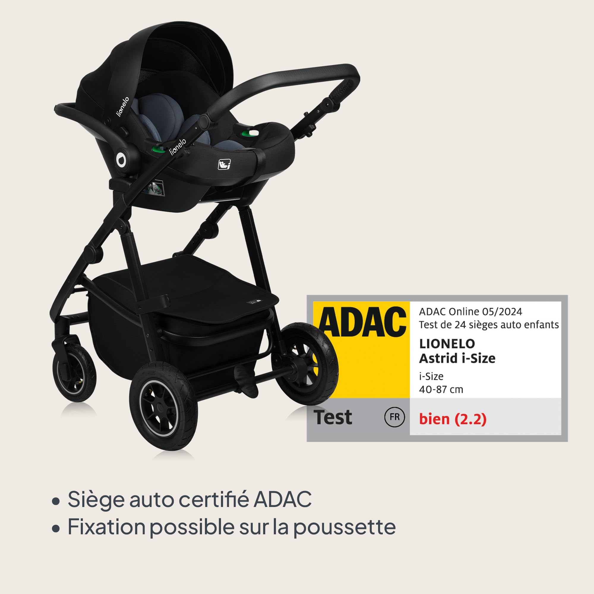 LIONELO AMBER PLUS poussette multifonctionnelle 3 en 1 de 0 à 4 ans jusqu'à 22 kg avec nacelle XL, siège auto jusqu'à 13 kg, dossier réglable, grandes roues tout-terrain 360o, capote XXL (Grey)