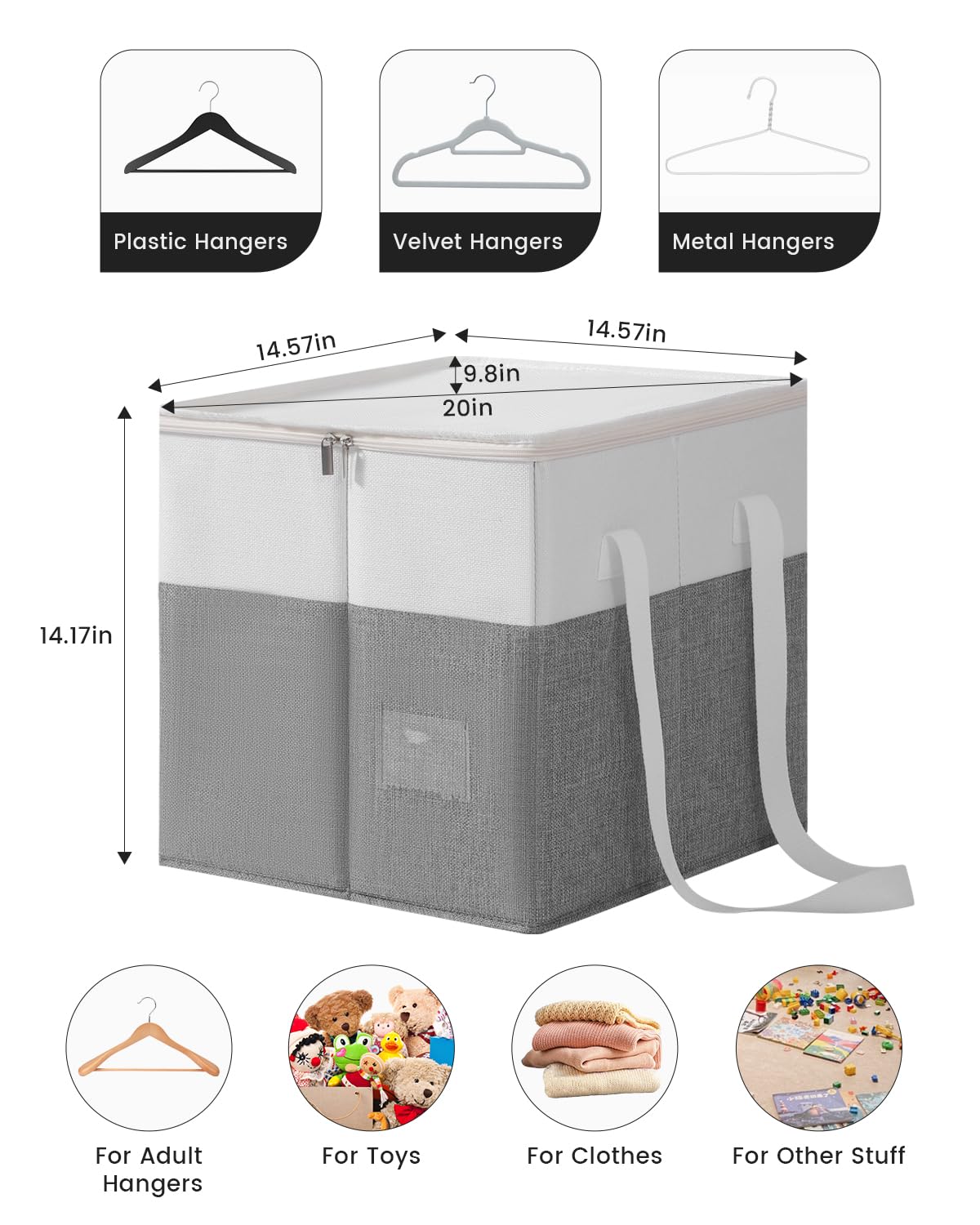 Kleiderbügel-Organizer-Tasche, starre Kleiderbügel-Aufbewahrungsbehälter mit Deckel, groß, staubdicht, stabile Kleiderbügel-Organizer-Box mit Griff, Grau/Beige, 2 Packungen