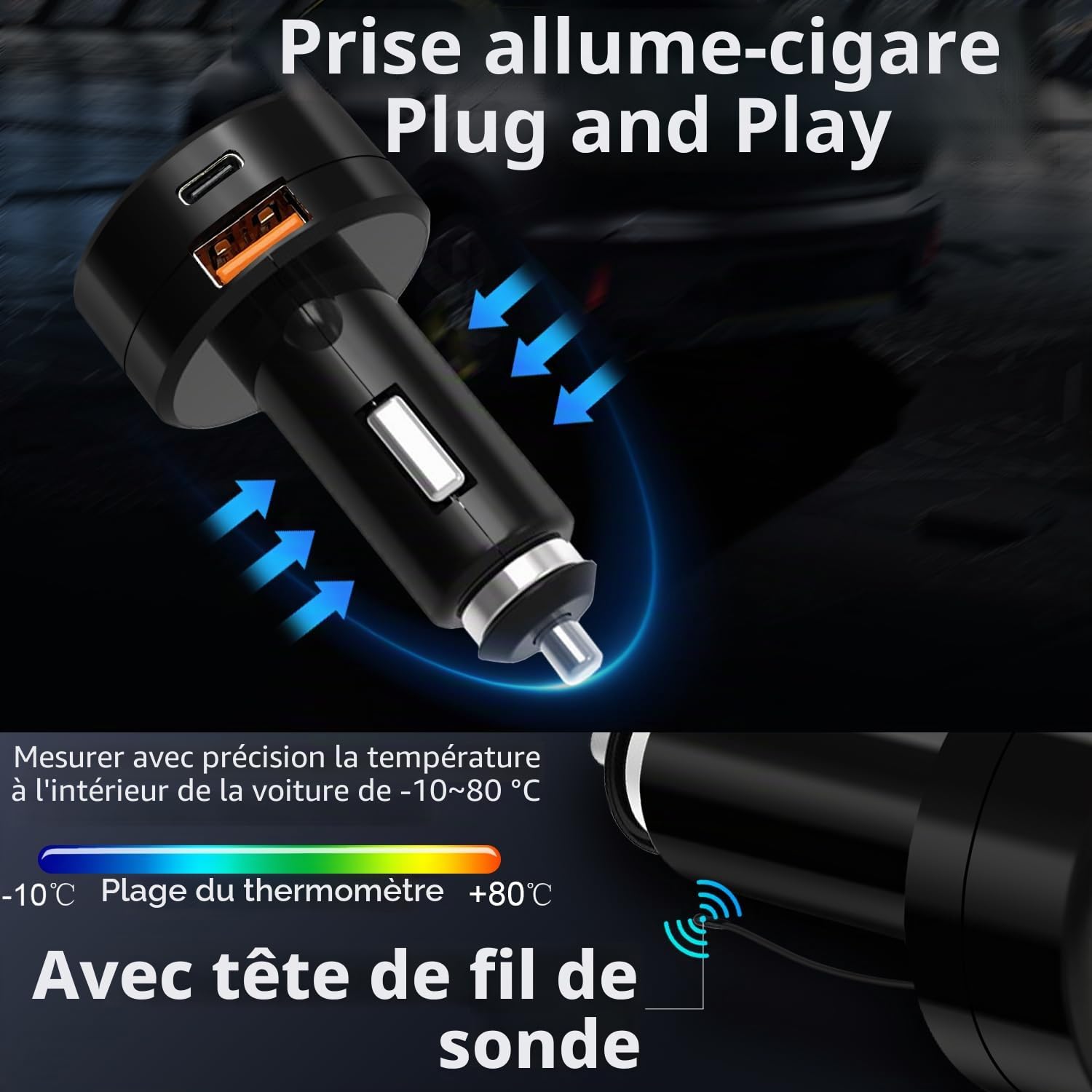 3 en 1 Voltmètre 12V Voiture, Voltmètre Allume Cigarette avec Affichage Température/Tension Numérique