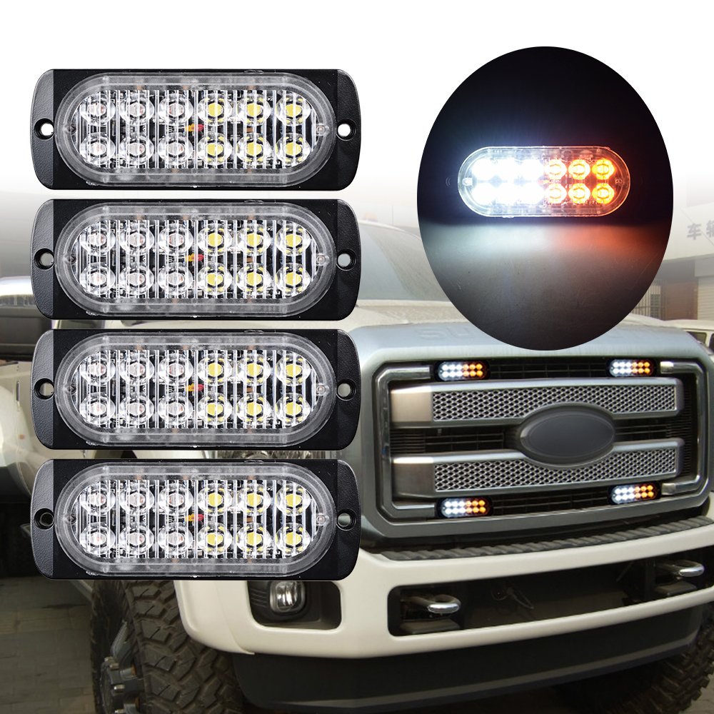 Astra Depot® 4pcs Universal Super Thin Car Truck Warning Caution Emergency Construction Flashing Strobe Light Bar (12-LED, White & Amber)