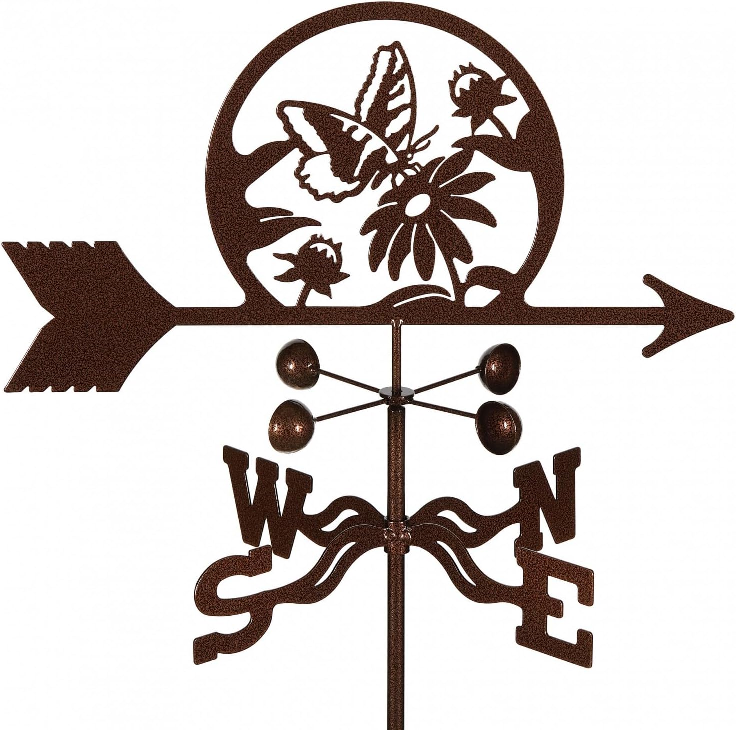 EZ Vane Butterfly & Flowers Weathervane — Garden Mount, Wind Cups, Antique Copper Finish, Steel with Durable Triple Powder Coating, Handcrafted in USA