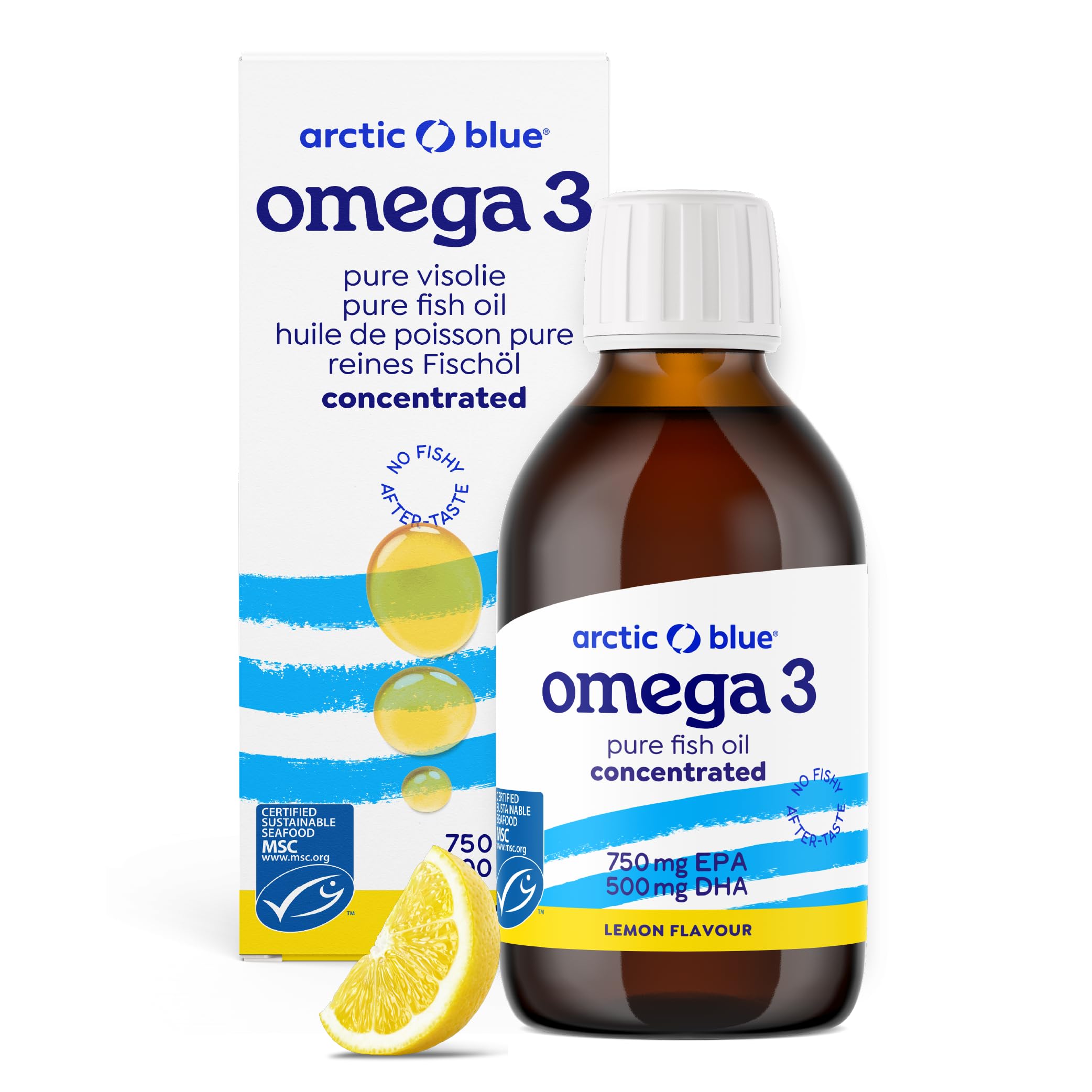 Arctic Blue Omega 3 Fischöl – 150 ml flüssig – MSC-Zertifiziert - hochdosiert mit DHA und EPA – ohne Aufstoßen oder Fischgeruch – arktisches Fischöl – Zitronengeschmack