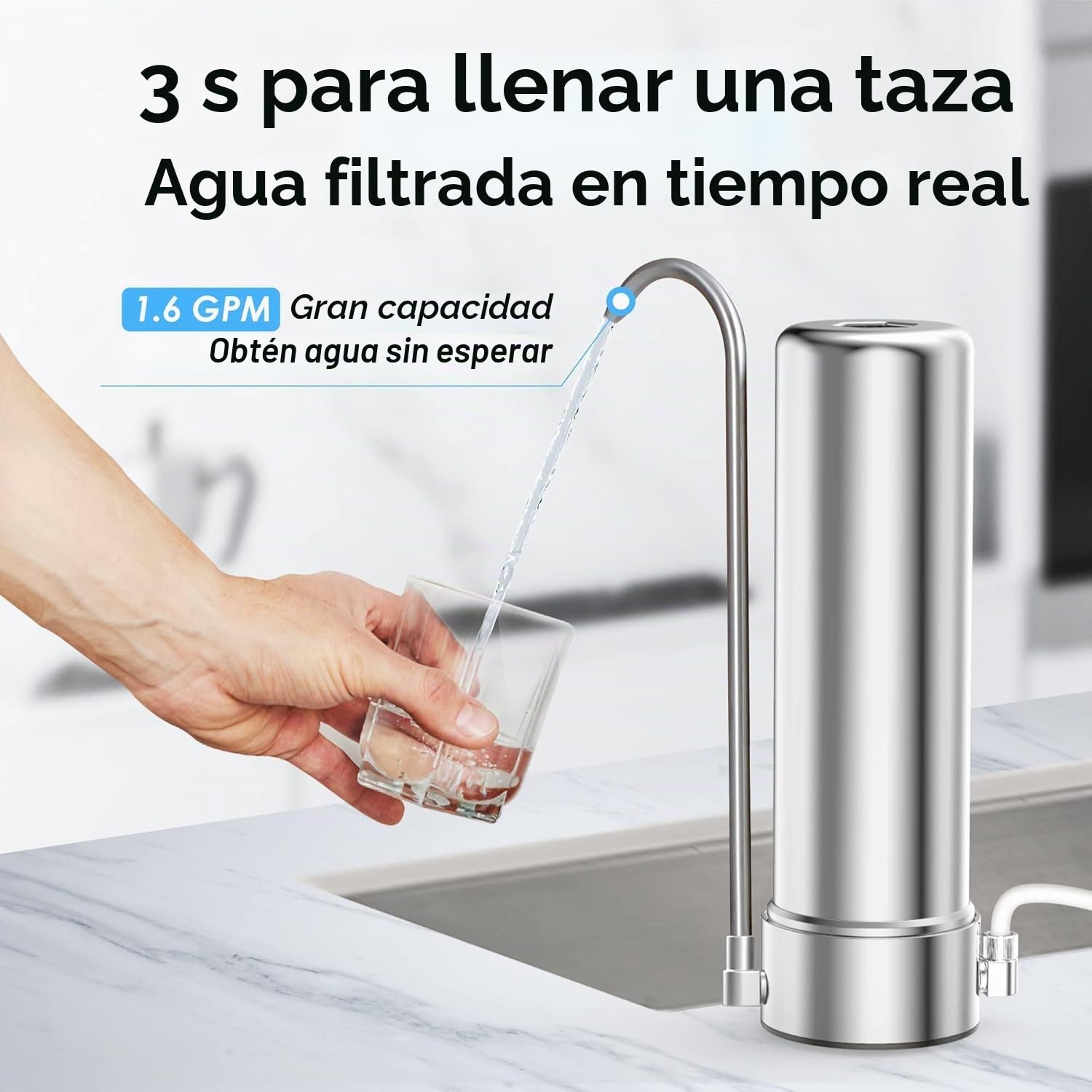 Waterdrop WD-CTF-01 Filtro de Agua para Encimera, 5 Etapas de Filtro de Acero Inoxidable, 8000 Galones Filtro de Grifo, Reduce el 99% de Cloro, Metales Pesados, Mal Sabor (1 Filtro Incluido)
