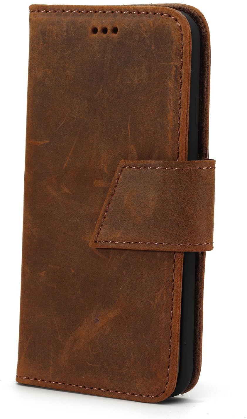 iPhone 8 Plus, iPhone 7 Plus Case, WEOZE Handmade Genuine Leather [Vintage Crazy Horse Pattern] +Wallet Case Book Design w/Flip Cover, Stand[Card Slot], Magnetic Strap- QI/Wireless Charging Compatible