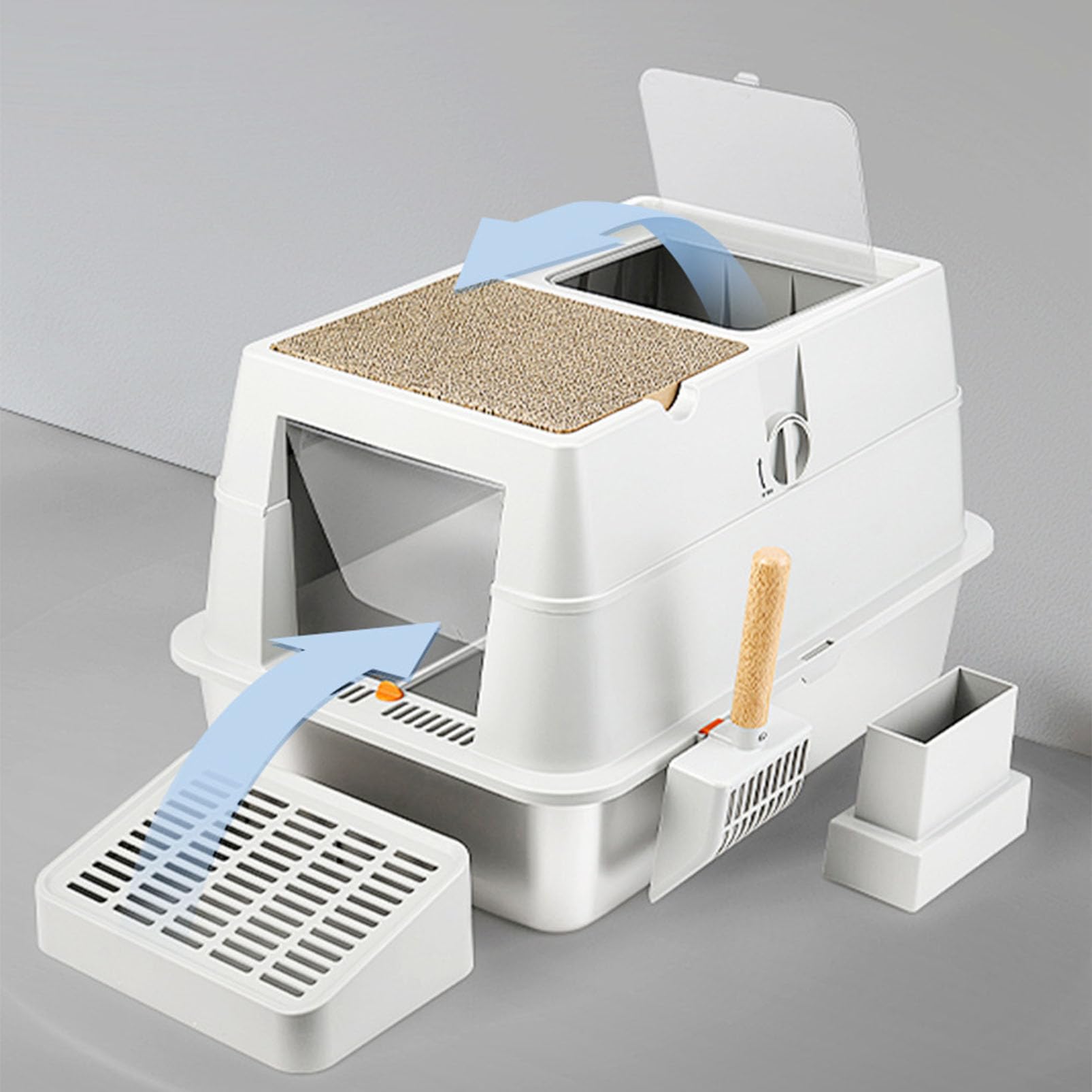 Arenero para Gatos de Acero Inoxidable XXL Caja de Arena para Gatos Grandes Arenero con Tapa Laterales Altos, Bandeja de Arena Cerrada de Metal con Pala y Rascador