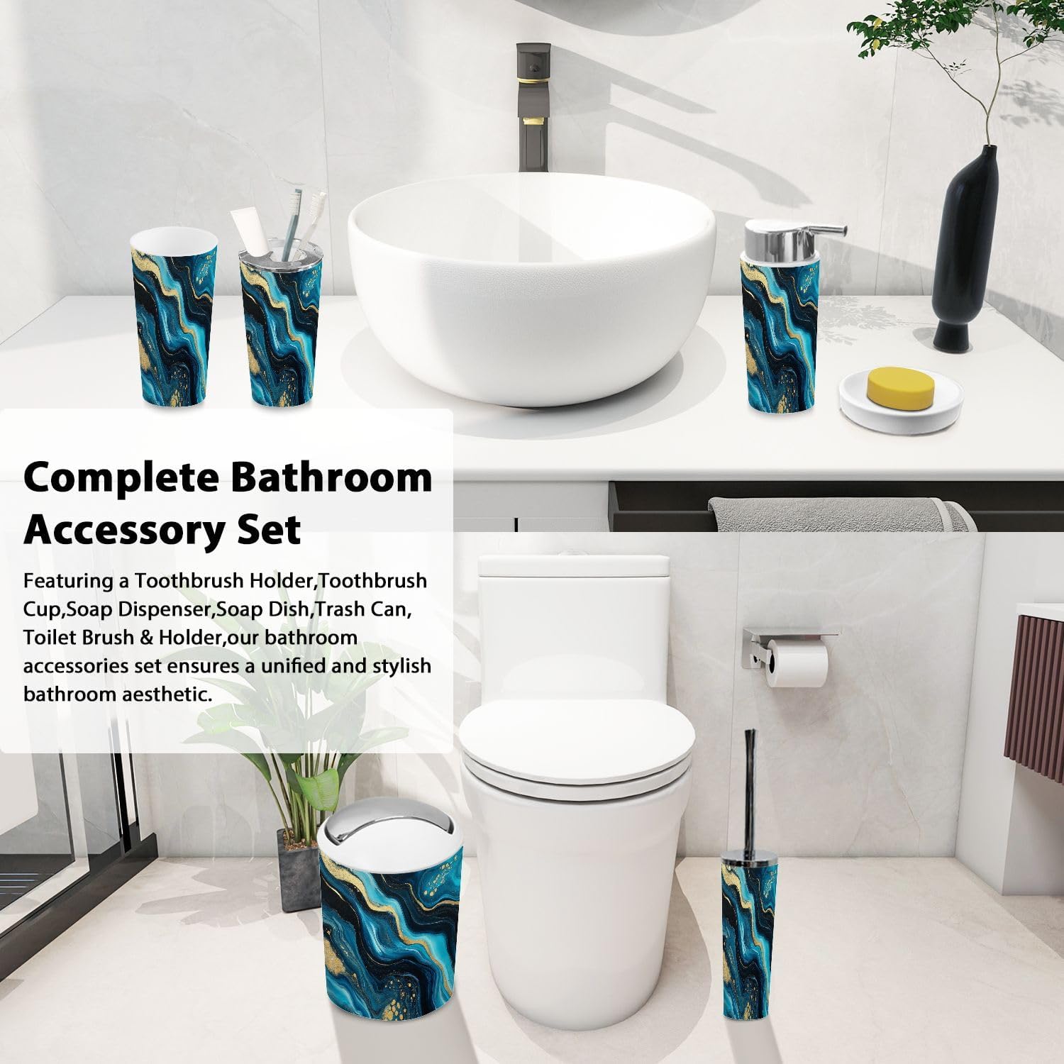 Bathroom Accessory Set 6PCS Sapphire Navy Blue Black Gold Marble Decor Art Modern Swirling Tones Trash Can, Soap Dispenser, Toothbrush Holder, Toothbrush Cup, Toilet Brush Holder, Soap Dish for Gifts