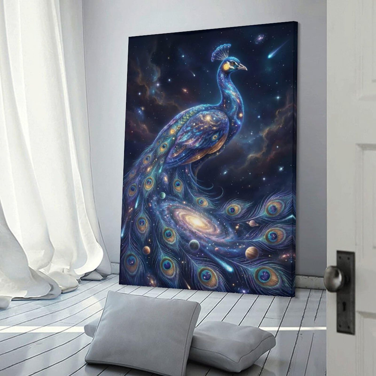 Junmoney Frame-Style-17 Cosmic Peacock In Starry Night Sky Canvas Wall Decor, 20X30inch(50X75cm), For Wall Displays, Bedrooms Or Room Updates, Wall Decor Suited To Curated Displays