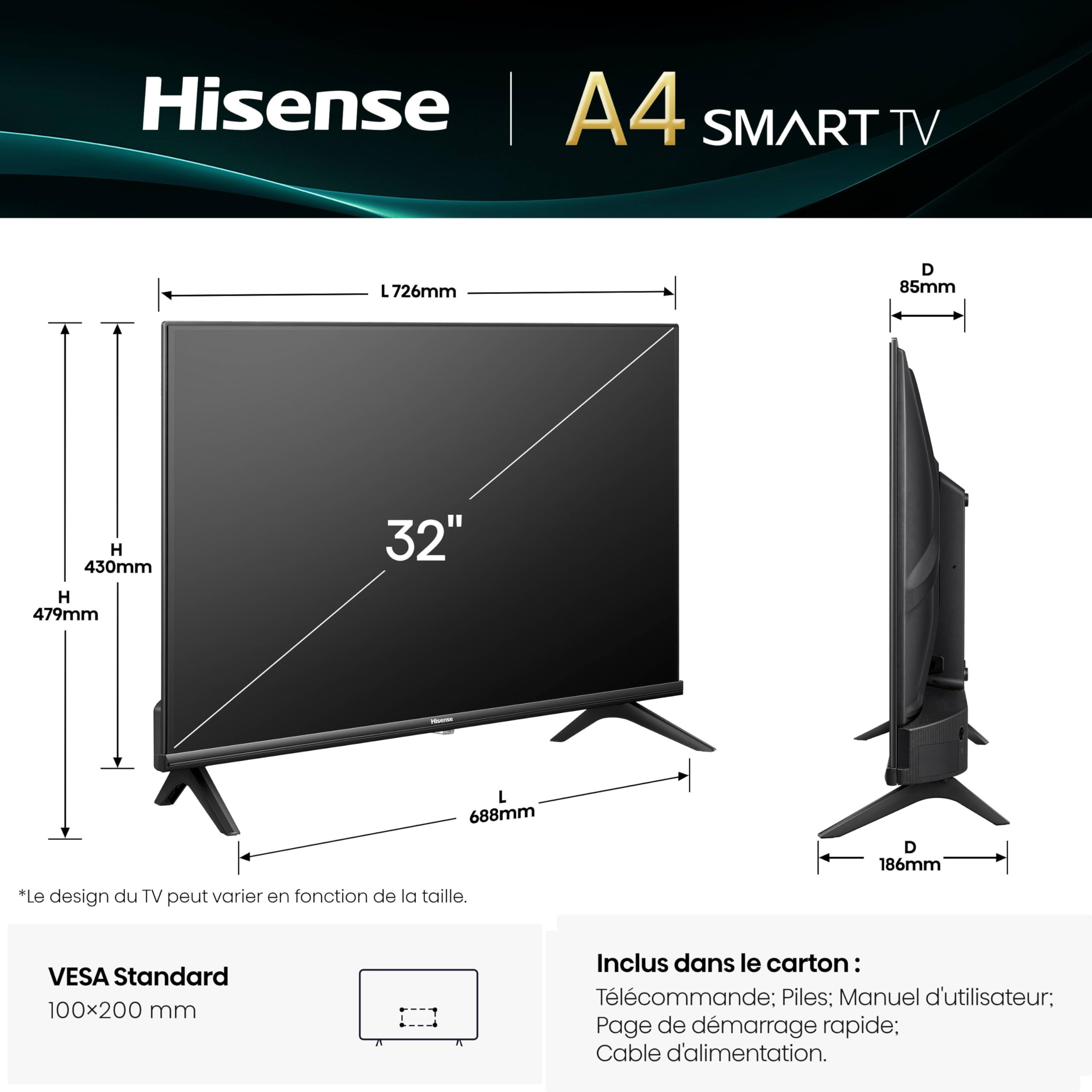 Hisense Téléviseur connecté 32 Pouces 32A4Q - Full HD 60Hz, Mode Sport IA, Dolby Audio, VIDAA OS avec Youtube, Netflix, Canal +(Modele 2025)