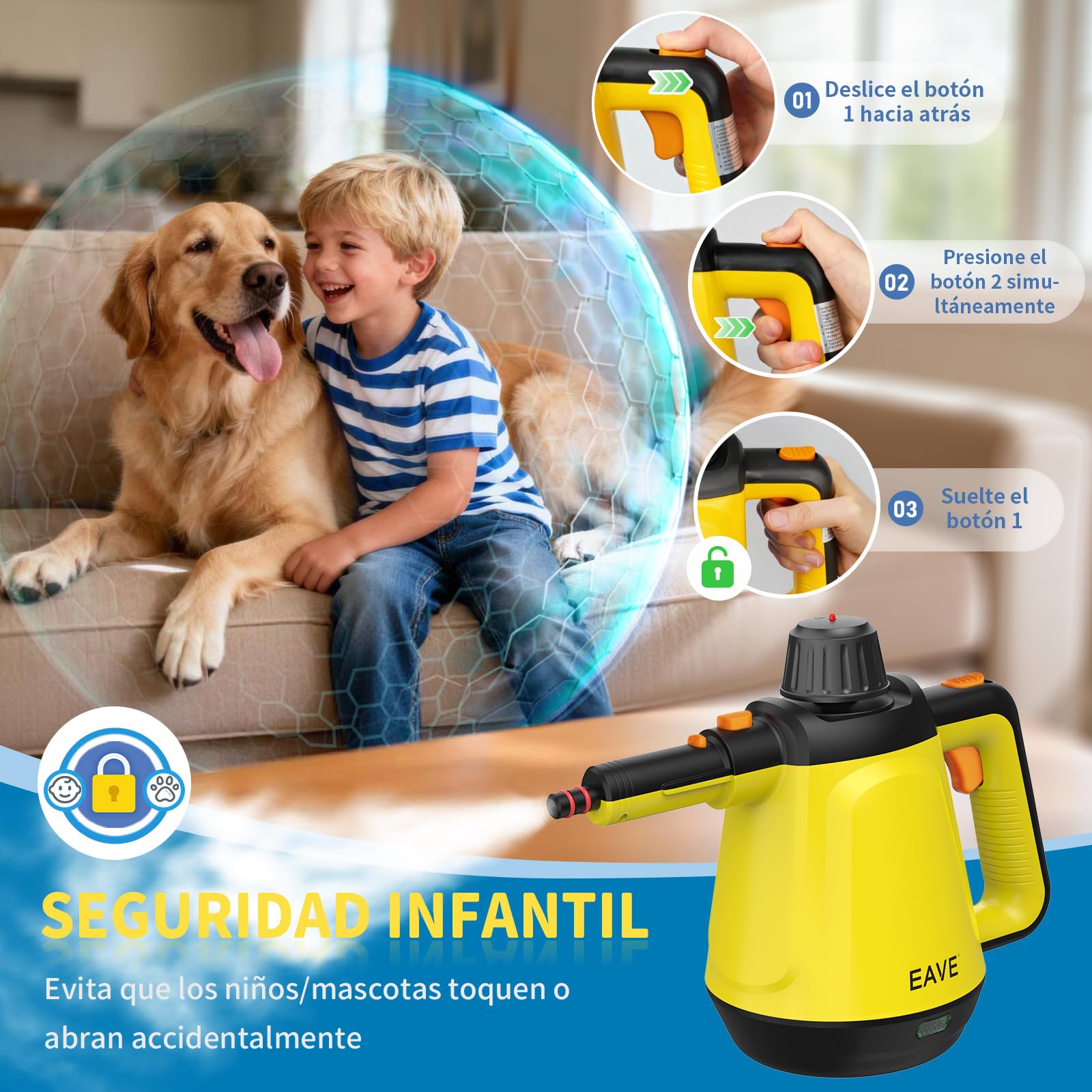 Vaporeta de Mano, 110℃ Limpiador a Vapor para una Limpieza Eficiente, Versátil Vaporeta con 10 Accesorios y Cable de 5m, Steam Cleaner para Sofás, Alfombras, Juntas, Limpieza sin Químicos (Amarillo)