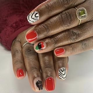 Red Press on Nails with Zebra Print Short Square Fake Nails Juneteenth Nails Press ons,Sleek and Bold Color Combos,Reusable Artificial Nails Glossy Full Cover Stick on Nails for Women Manicure 24 Pcs
