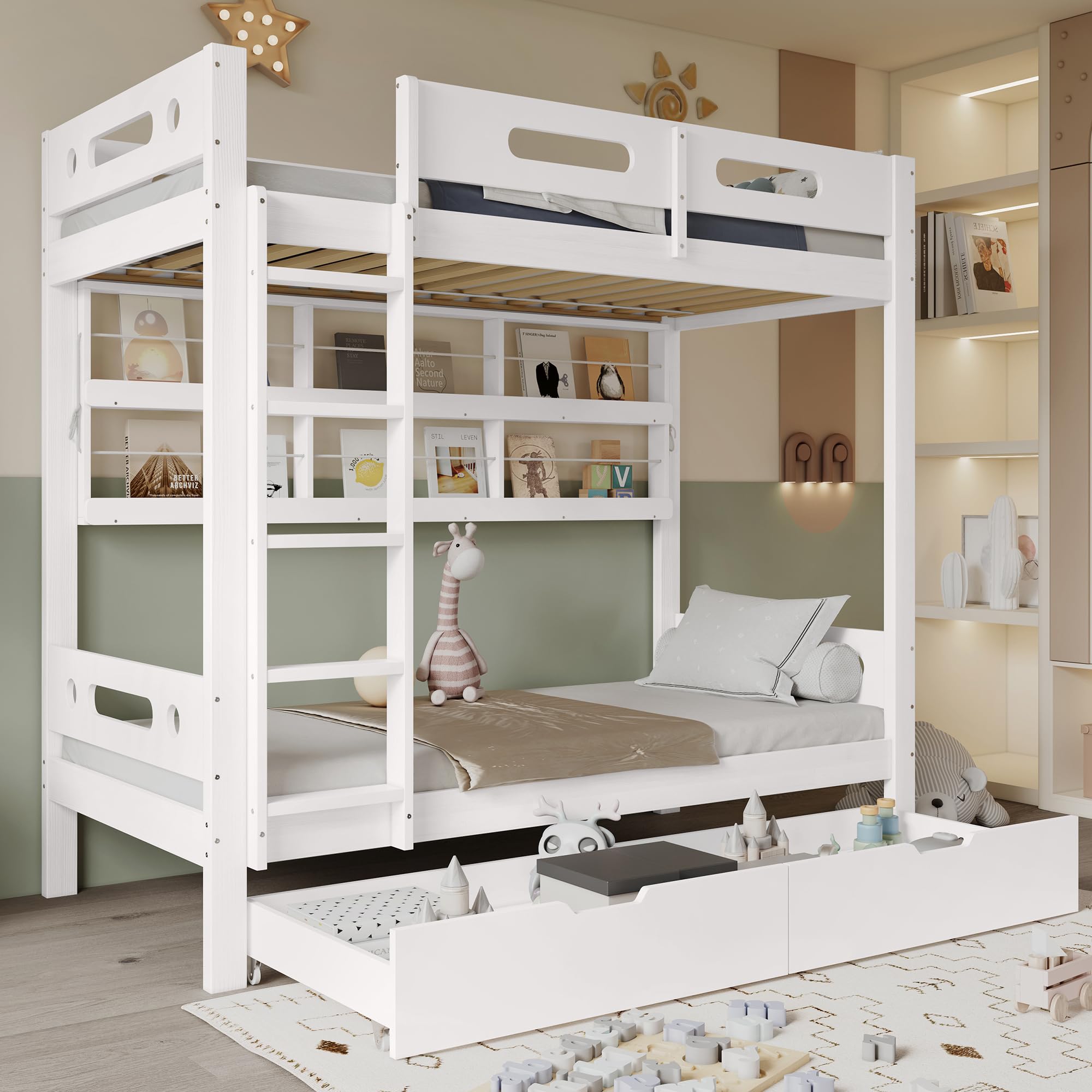 Letto a castello, 90 x 200 cm, lettino con rete anticaduta, due cassetti su ruote, scaffale aperto, scala a cinque livelli, ampio spazio di archiviazione, pino+MDF, bianco
