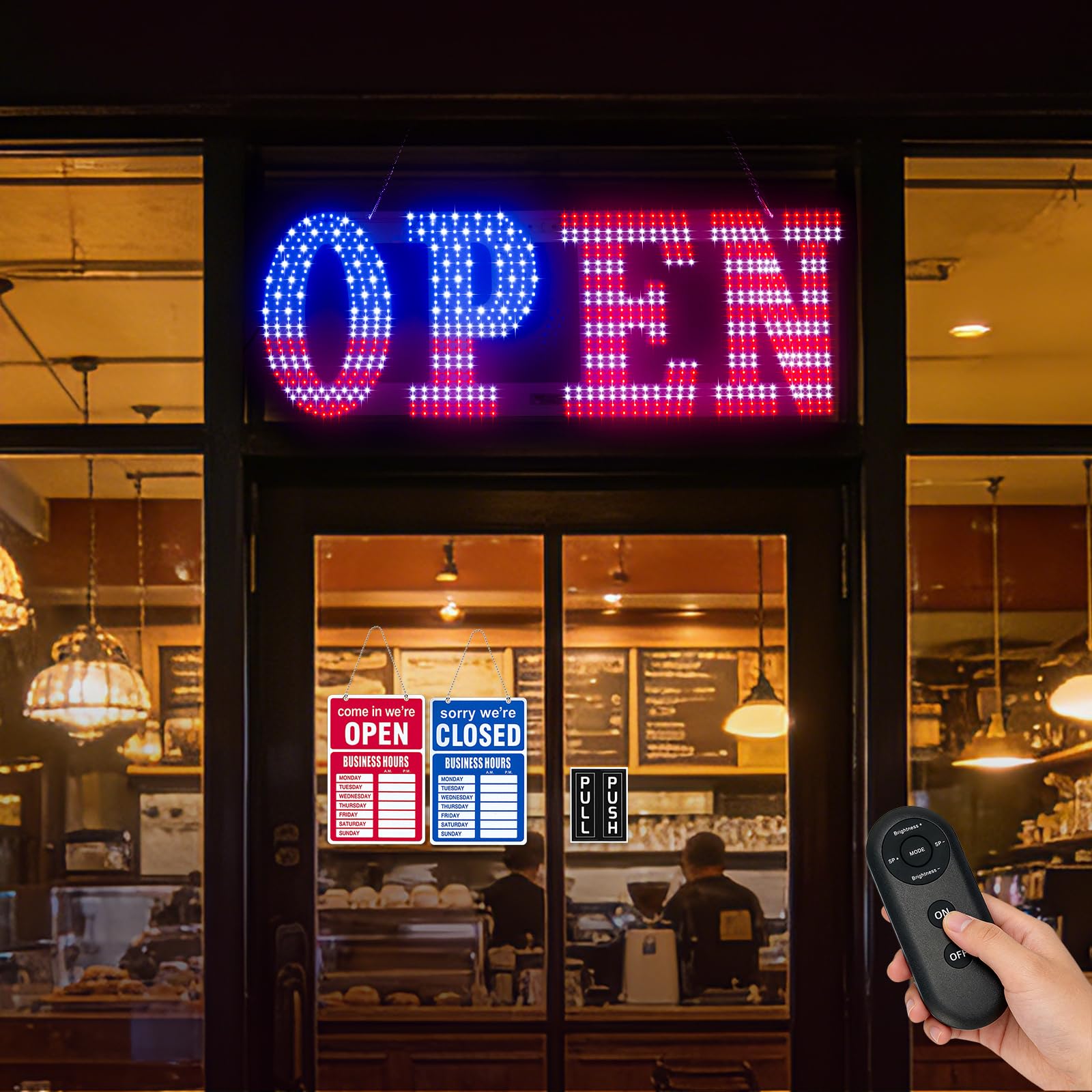 LED Open Signs for Business, HETAIJIE 30" x 10" Large super Bright LED open Sign, Dimmable US Flag Design Storefront Display, 12 Modes Flashing for Shop Bar Cafes Window (High Brightness)