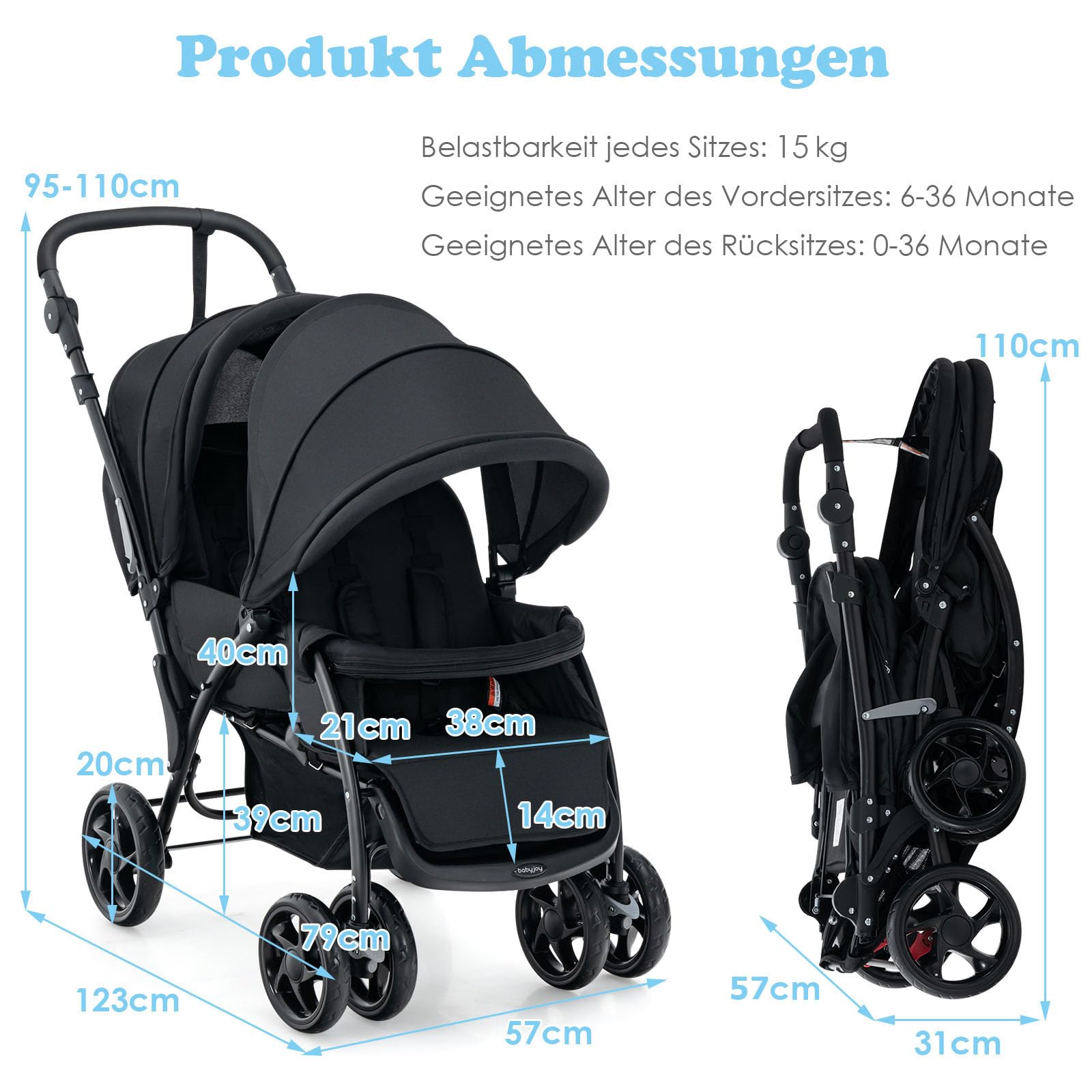 DREAMADE Geschwisterwagen 2 in 1, Doppelkinderwagen Faltbar, Babywagen mit Doppelsitz, Grau