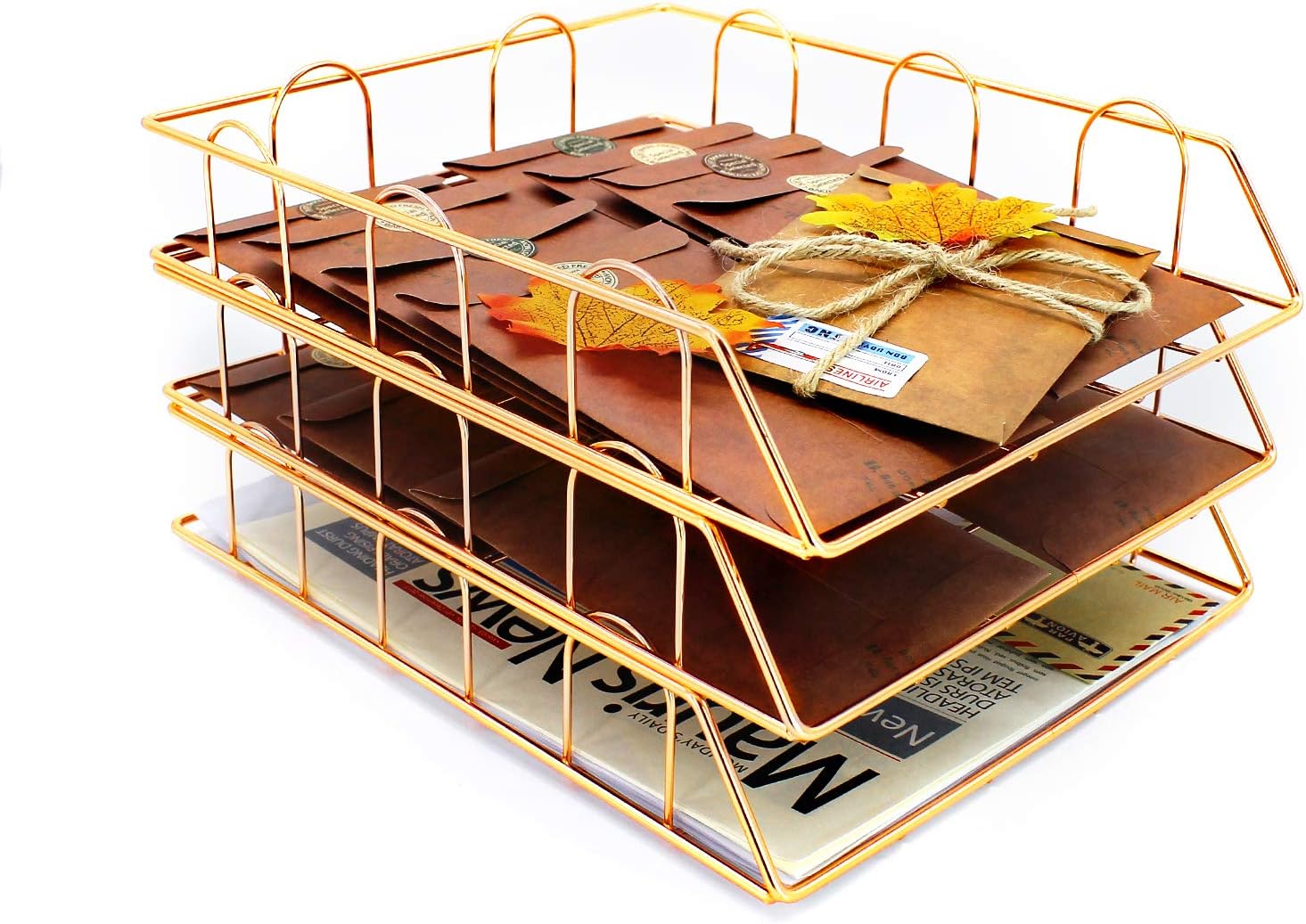 Gold File Organizer, 3Tier Paper Tray Metal Stackable Desk