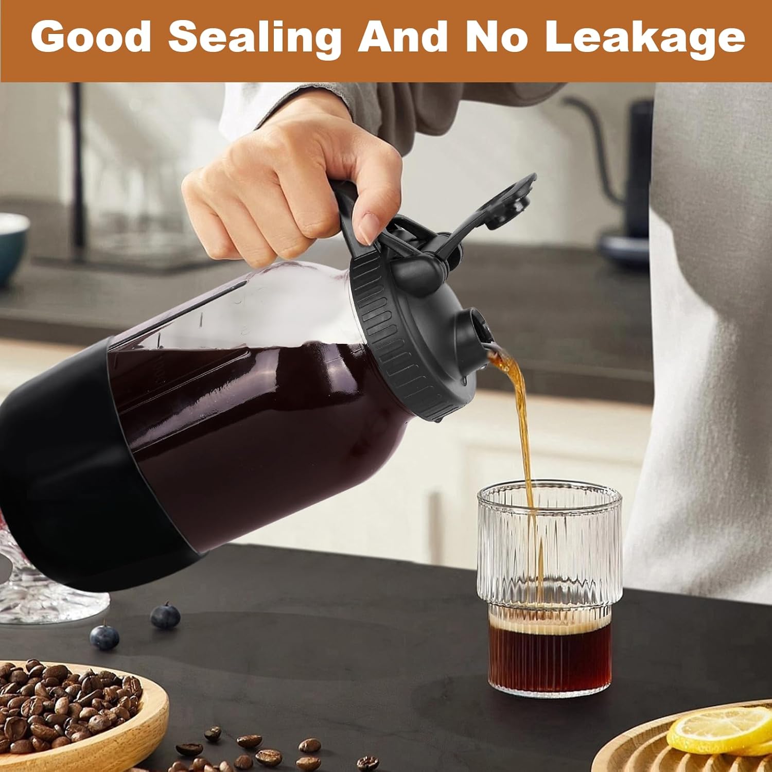 Cold Brew Coffee Maker, 64oz Mason Jar Pitcher with Stainless Steel Filter, Leak-Proof Lid with Pour Spout & Handle, Heavy Duty Glass Iced Coffee Tea Brewer with Protective Silicone Sleeve-Black