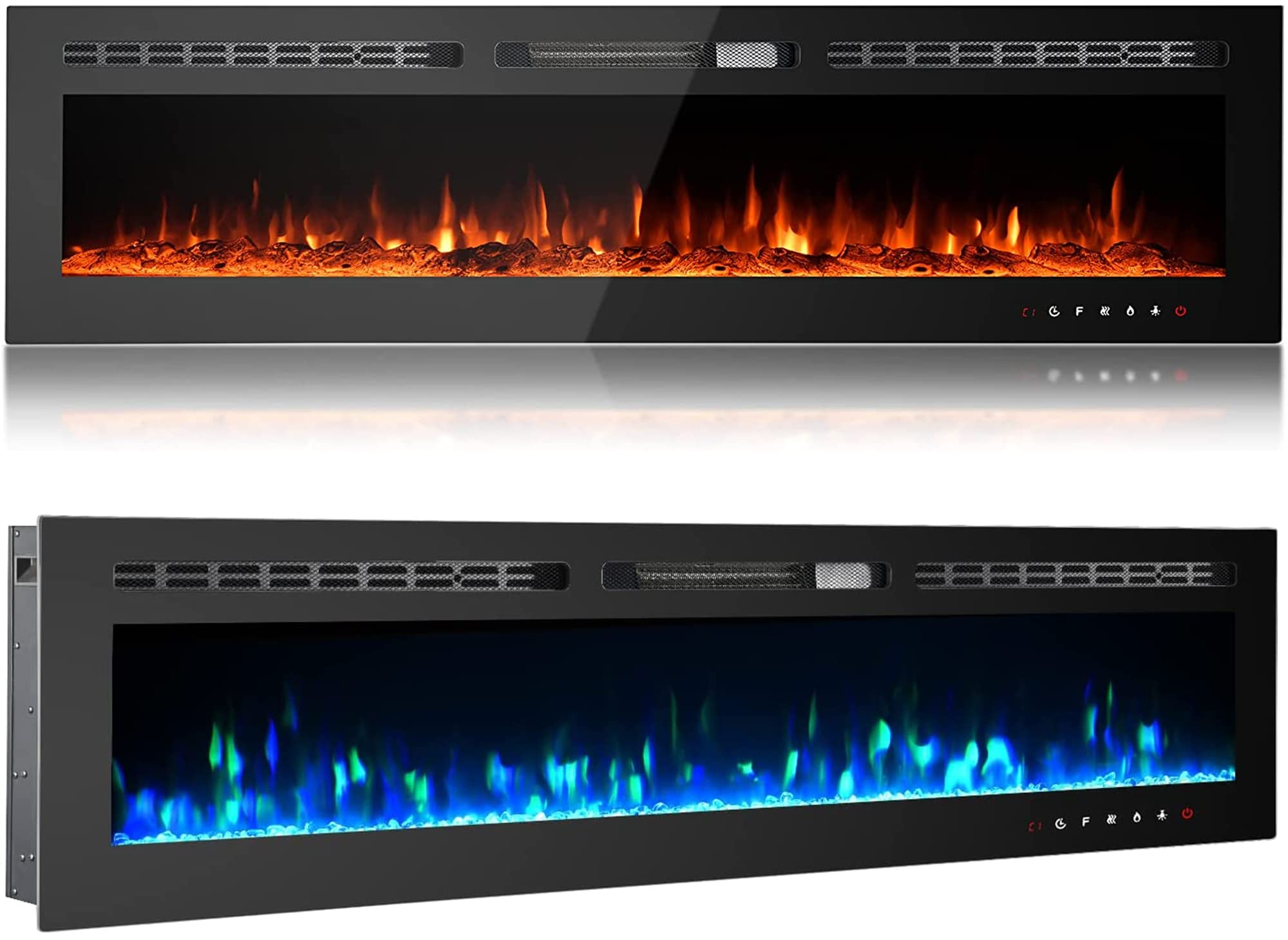 M.C.Haus Elektrischer Kamin, Touchscreen, Glasplatte, Bunte Flamme, Einsatz, Wandmontage, Heizung, Fernbedienung mit Kristall und Log Set, 900/1800 W