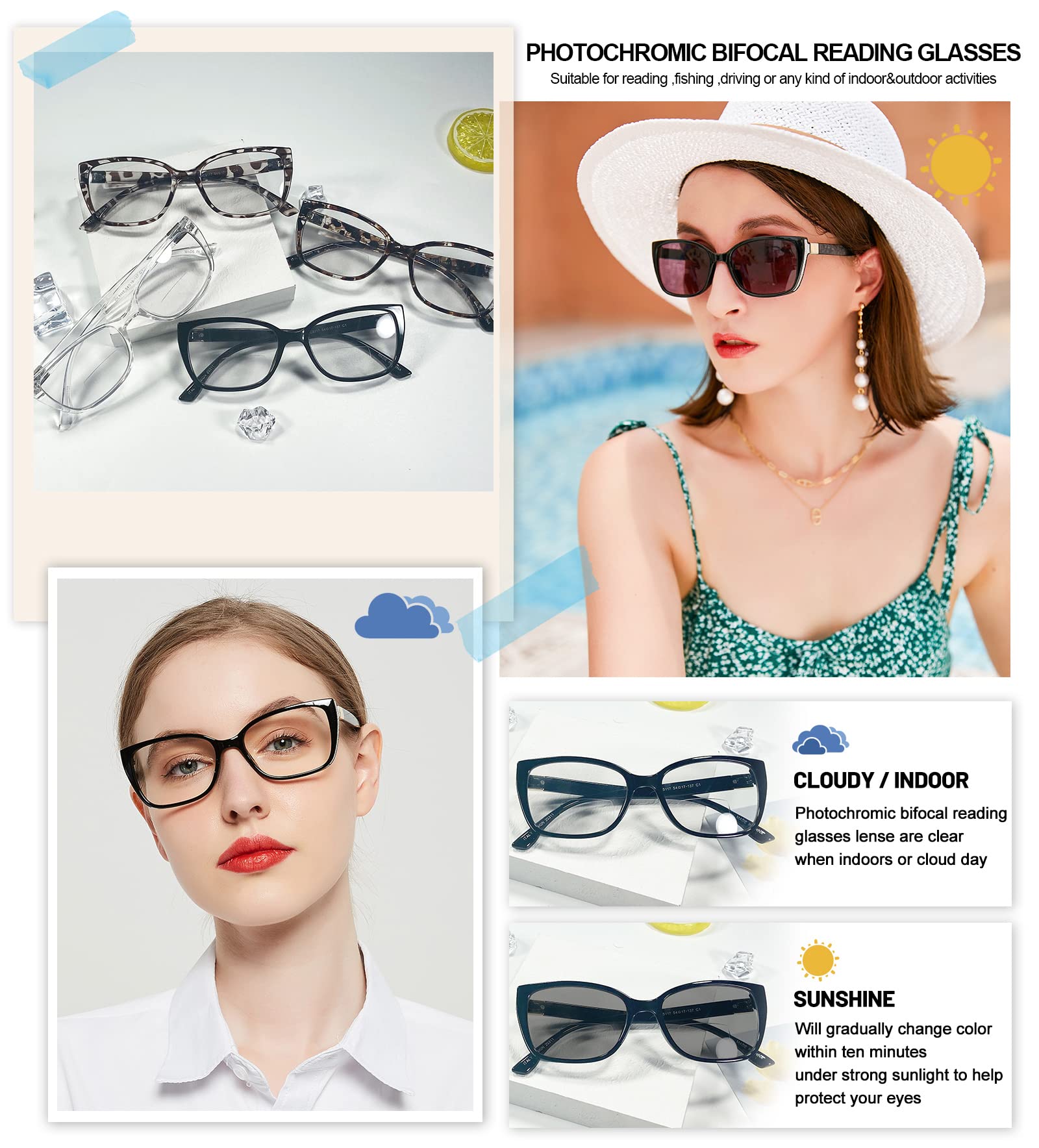 OCCI CHIARI Transition Photochromic Bifocal Reading Glasses Womens,Large Clear UV Protection Sunglasses Readers1.0 1.5 2.0 2.5 3.0 3.5 4.0(Black +150)