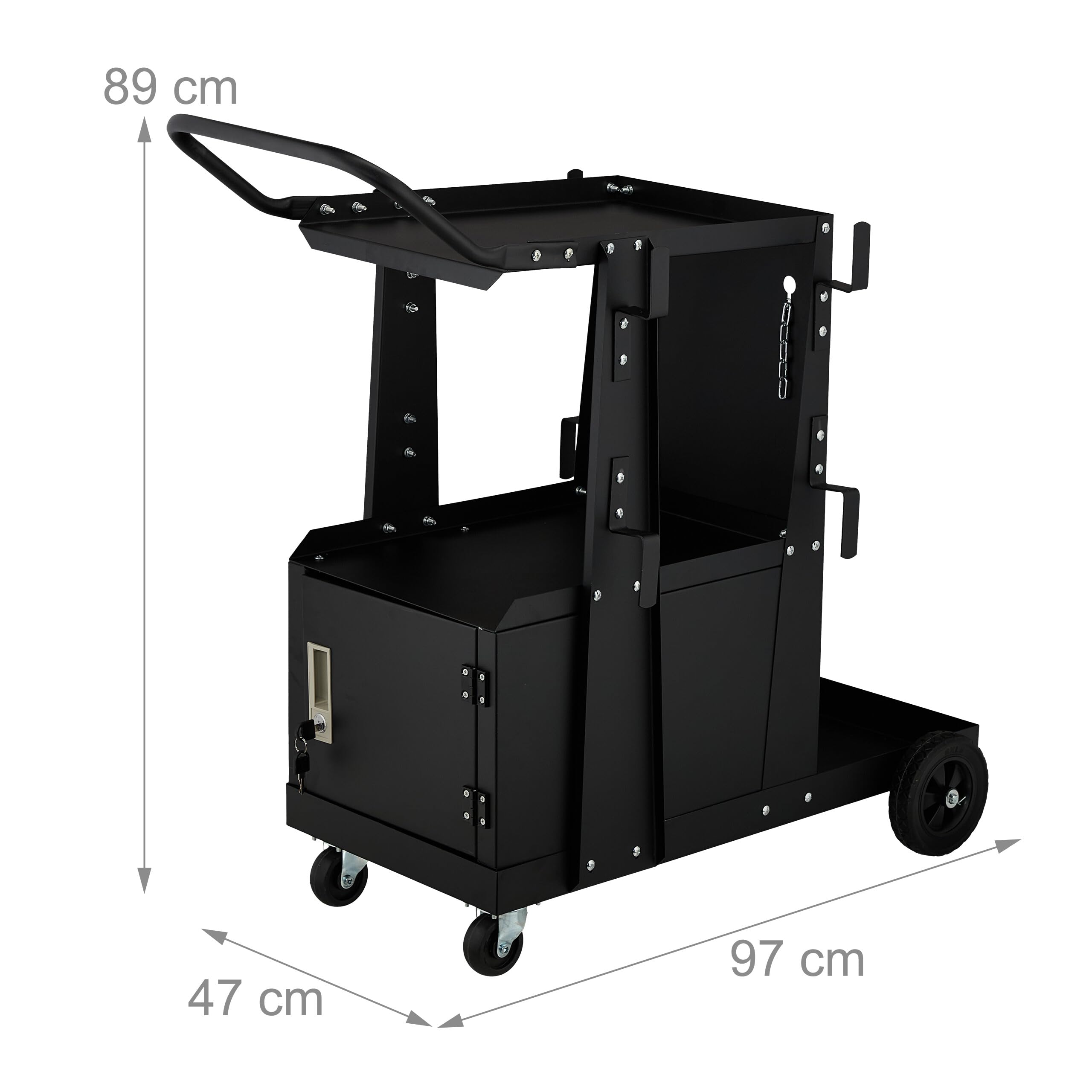 Relaxdays Chariot de Soudure, 3 Niveaux, 1 Porte, supporte jusqu'à 110 kg, HxLxP 89 x 47 x 97 cm, Noir