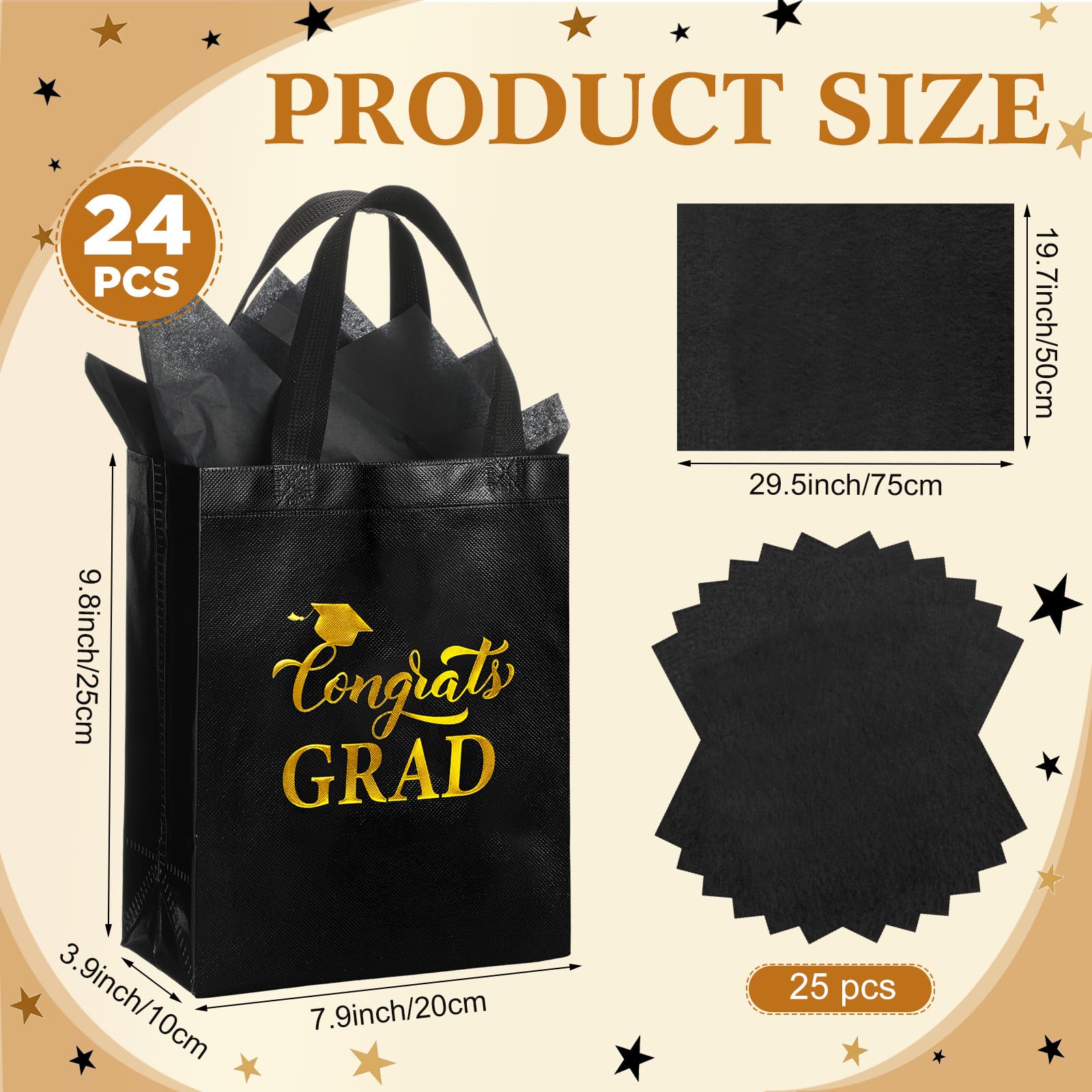 HunnmingRe 24 Sets Graduation Gift Bags 2026 Bulk Shiny Non Woven Black Gold Congrats Grad Tote Bag with Handles and Tissue Wrapping Papers for College High School Party Favors, 8 x 10 x 4 Inch