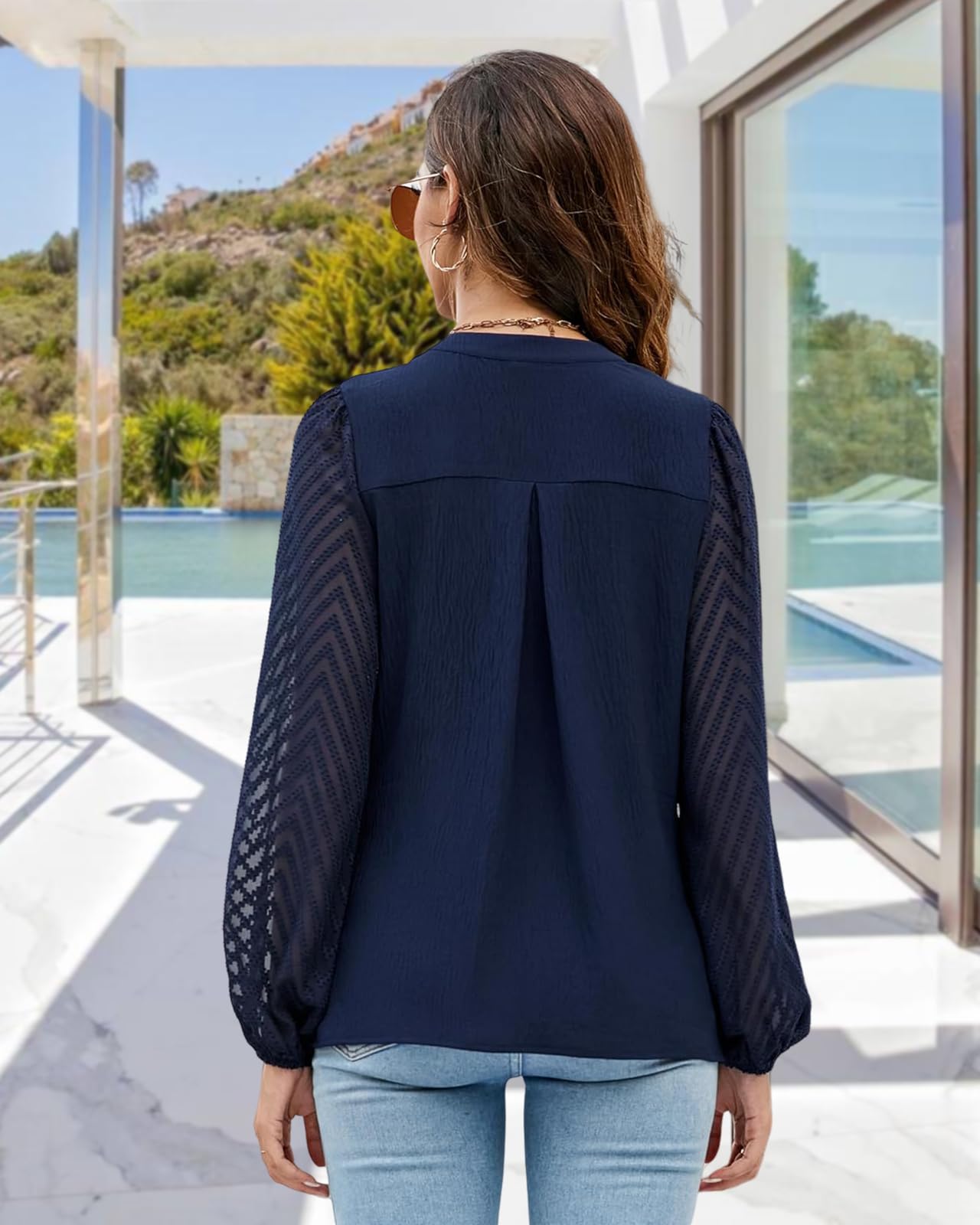 Chemise Femme Hauts col V Chic Blouse Longues Manches Découpées en Dentelle, Elegant Chiffon Top Bubble Sleeve Casual Chemisier