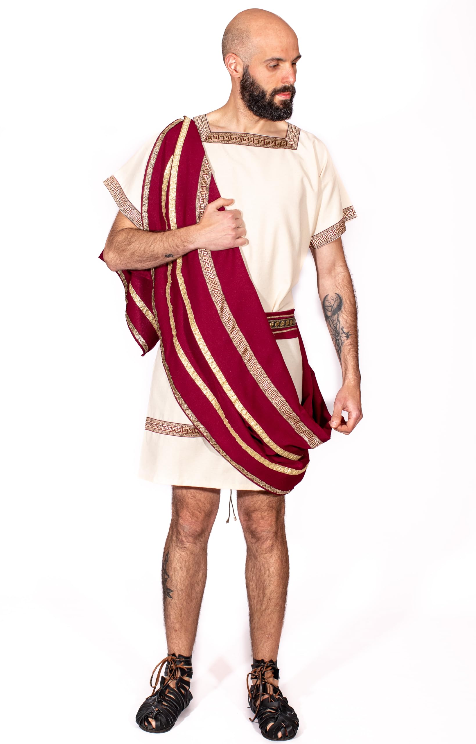 Yutecrea I Traje romano de hombre blanco y granate - Disfraz Romano de adulto - Túnica Romana (XL)