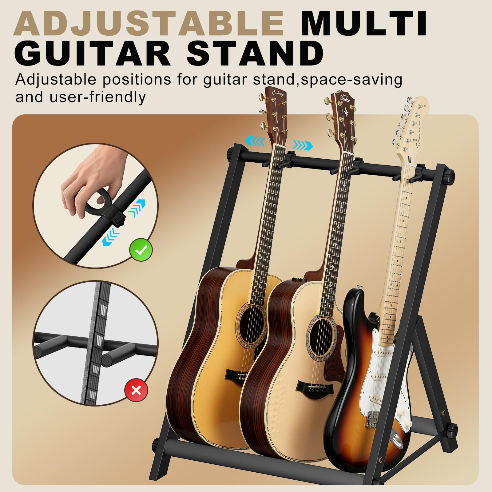 Gitarrenständer für 3 verschiedene Gitarren mit dicker Gummipolsterung, Gitarrenständer für Akustik-, Klassik-, Elektro-, Bass-, Studio- und Zuhause, langlebig, schwarz (3 Halterungen)