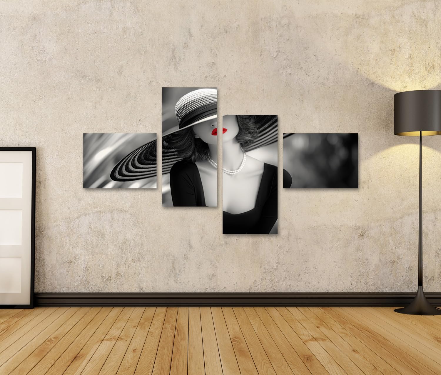 islandburner Tableau sur toile - Femme élégante avec chapeau et lèvres rouges en noir et blanc - Pour chambre à coucher - Tendance - Décoration murale