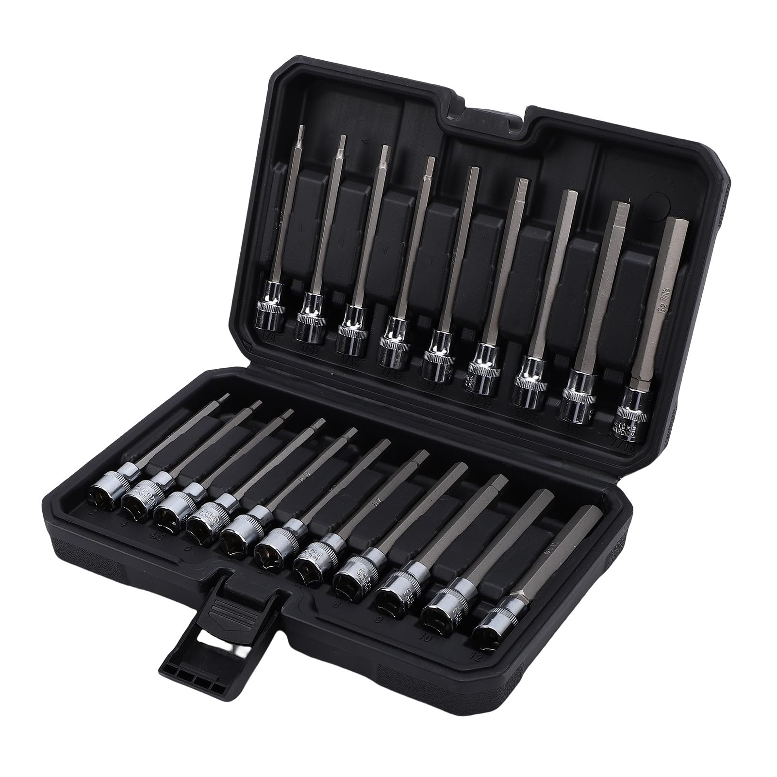 Fdit Set da 20 Pezzi di Prese Esagonali Extra Lunghe per Attacco 3/8 Pollici, Metrico 6-24mm SAE 1/8-7/16 Pollici, Acciaio Legato S2 110mm con Custodia Stampata per Riparazioni