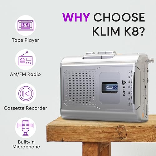 Miniatura 2 de KLIM Reproductor de cinta de casete K8 portátil - Grabadora de casete - Nueva versión - AMFM - Micrófono y altavoz integrados - Conector para