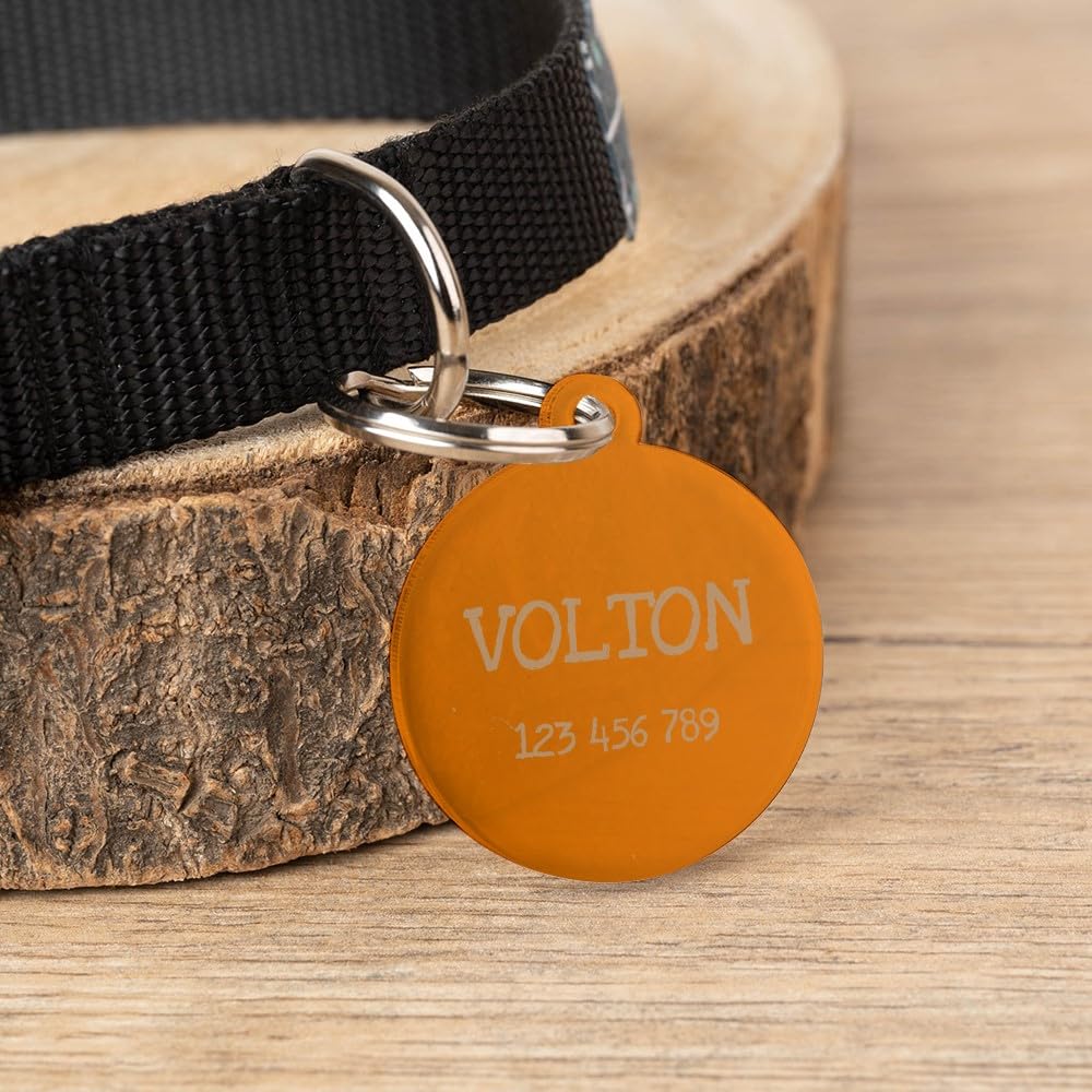 Wanapix | Chapa Redonda Personalizada Perros/Gatos/Mascotas | Placa/Etiqueta Identificativa con Nombre y Teléfono | Metacrilato Grabado | Pequeña 2ø cm -Naranja