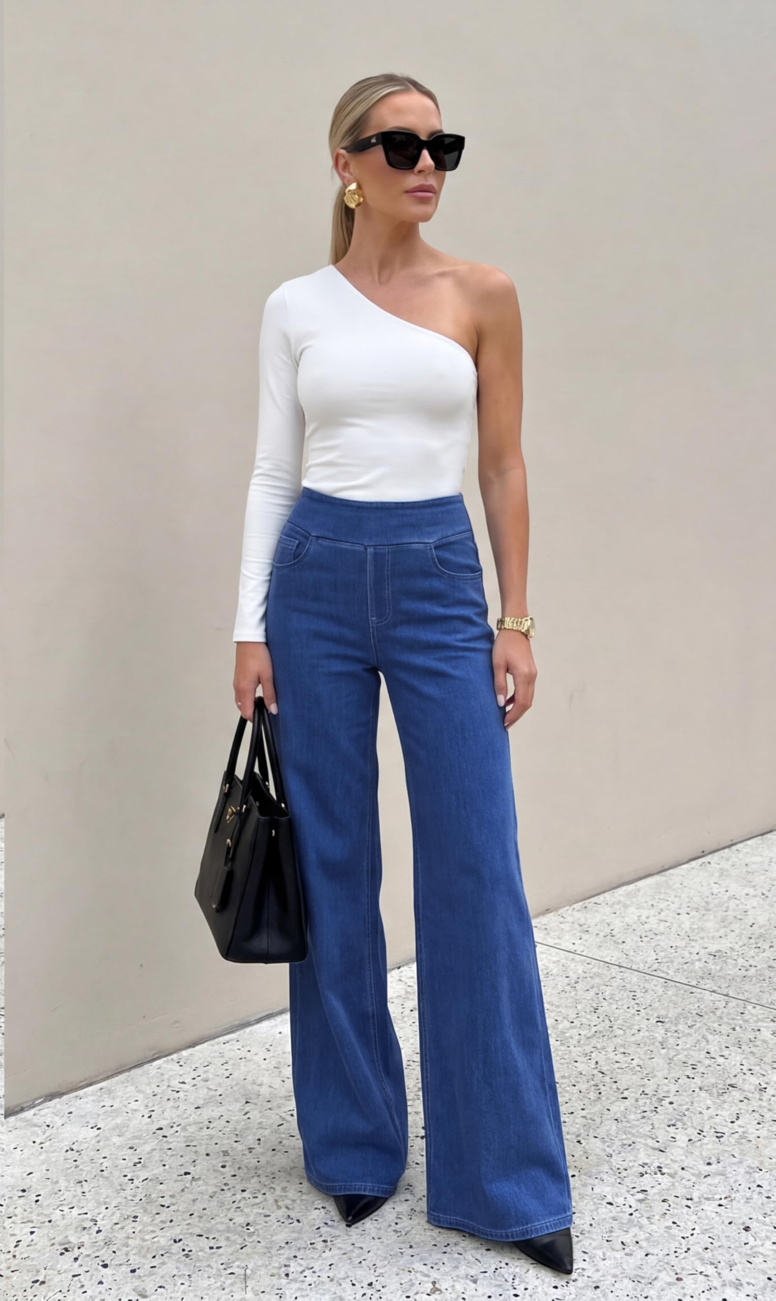 LaiEr Jeans a Gamba Larga da Donna,Vita Alta,Modellante sulla Pancia,Taglio Dritto e Ampio,Alta Elasticità Baggy,Senza Sbiaditure,Adatto per Tempo Libero,Yoga e Fitness,Jeans Elastici a Gamba Larga