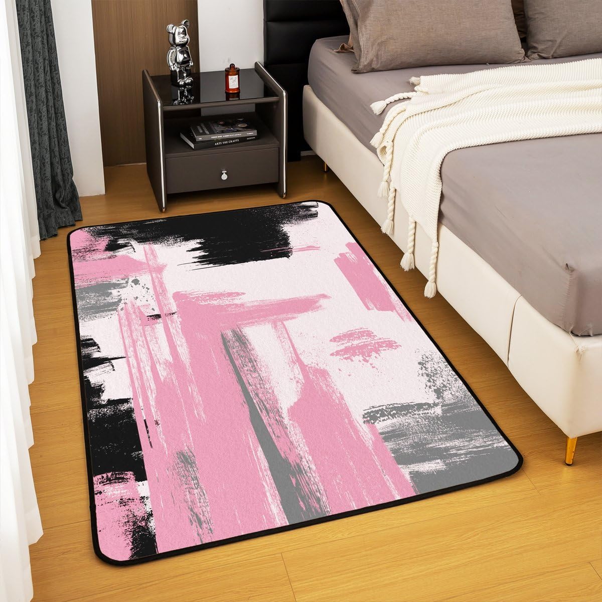 Erosebridal Pink and Black Abstract Area Rug 4'11" x 3'3" |Black and Pink Carpet for Kids Girls Women Geometric Modern Art Indoor Floor Mat for Boys Teens Adults Girly Fashion Decorative Washable Rug