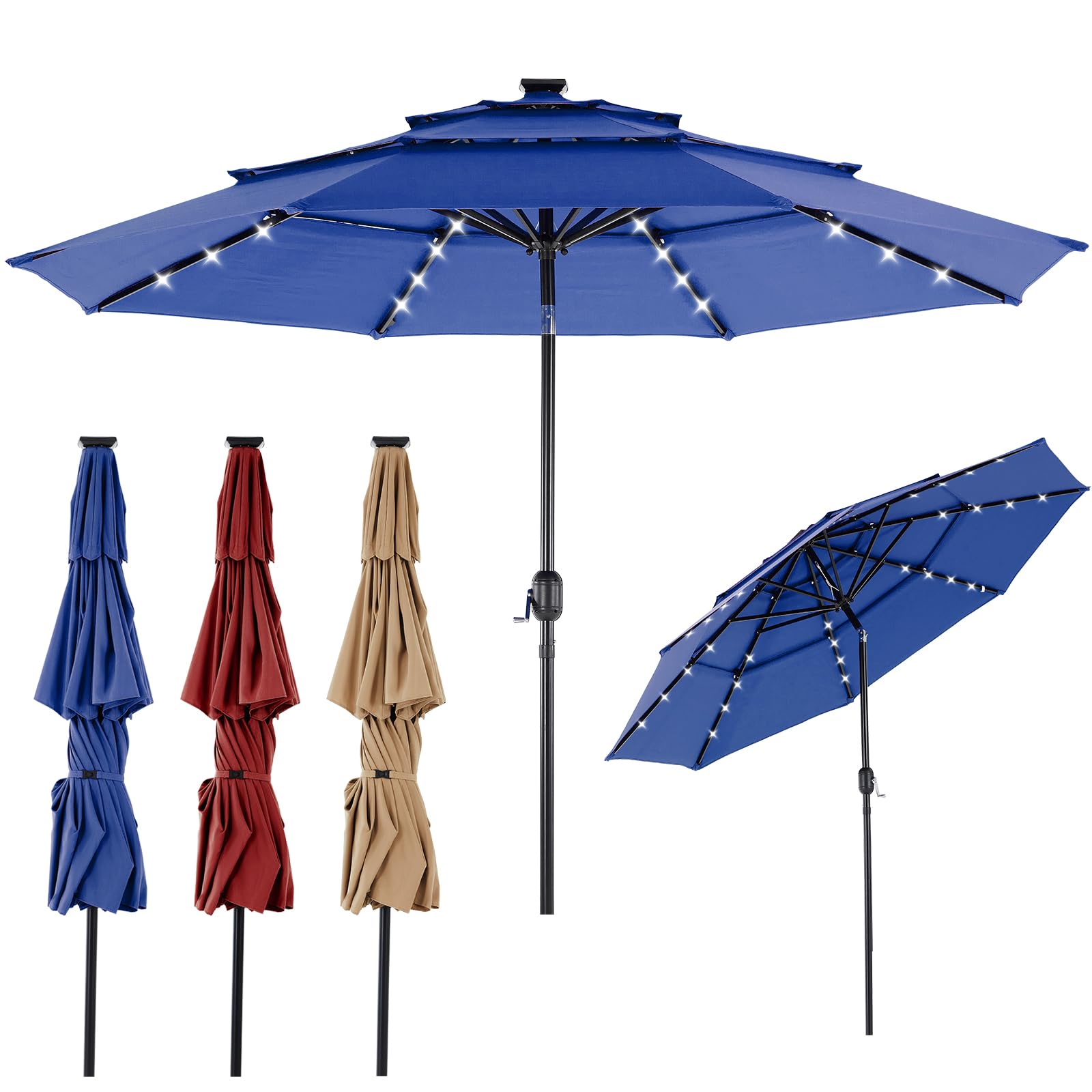 olixis 10ft solar patio umbrella with 32 led lights, tilt, crank button, 8 sturdy ribs and waterproof, lighted umbrellas for poolside, backyard, terrace, garden